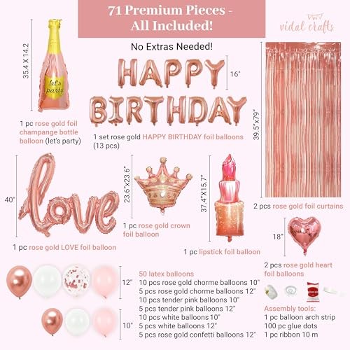 VIDAL CRAFTS 71-Piece Rose Gold Birthday Decorations for Women – Rose Gold Glam
