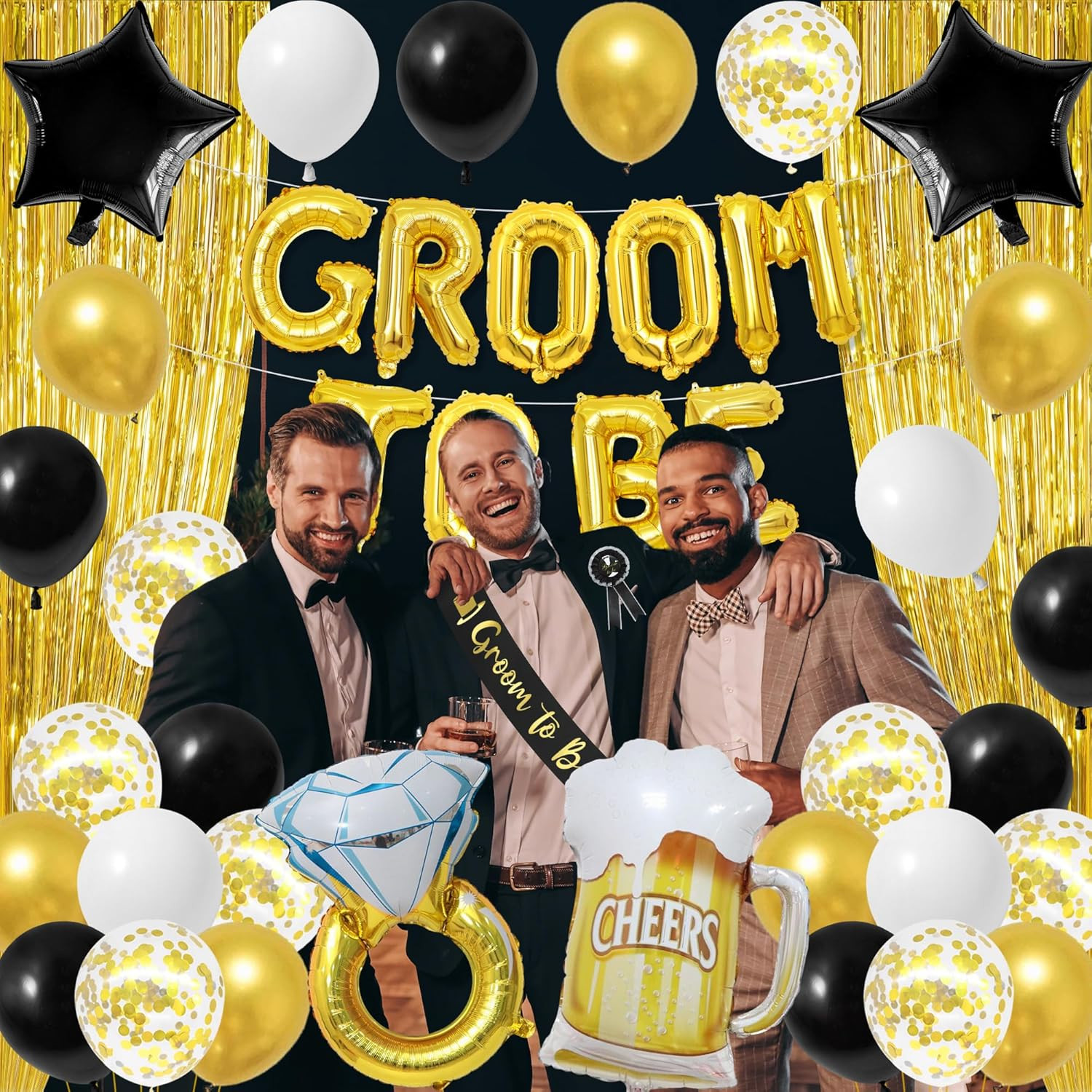 Gold Bachelor Party Decorations for Men, Groom to Be Banner Fringe Curtains, Gro