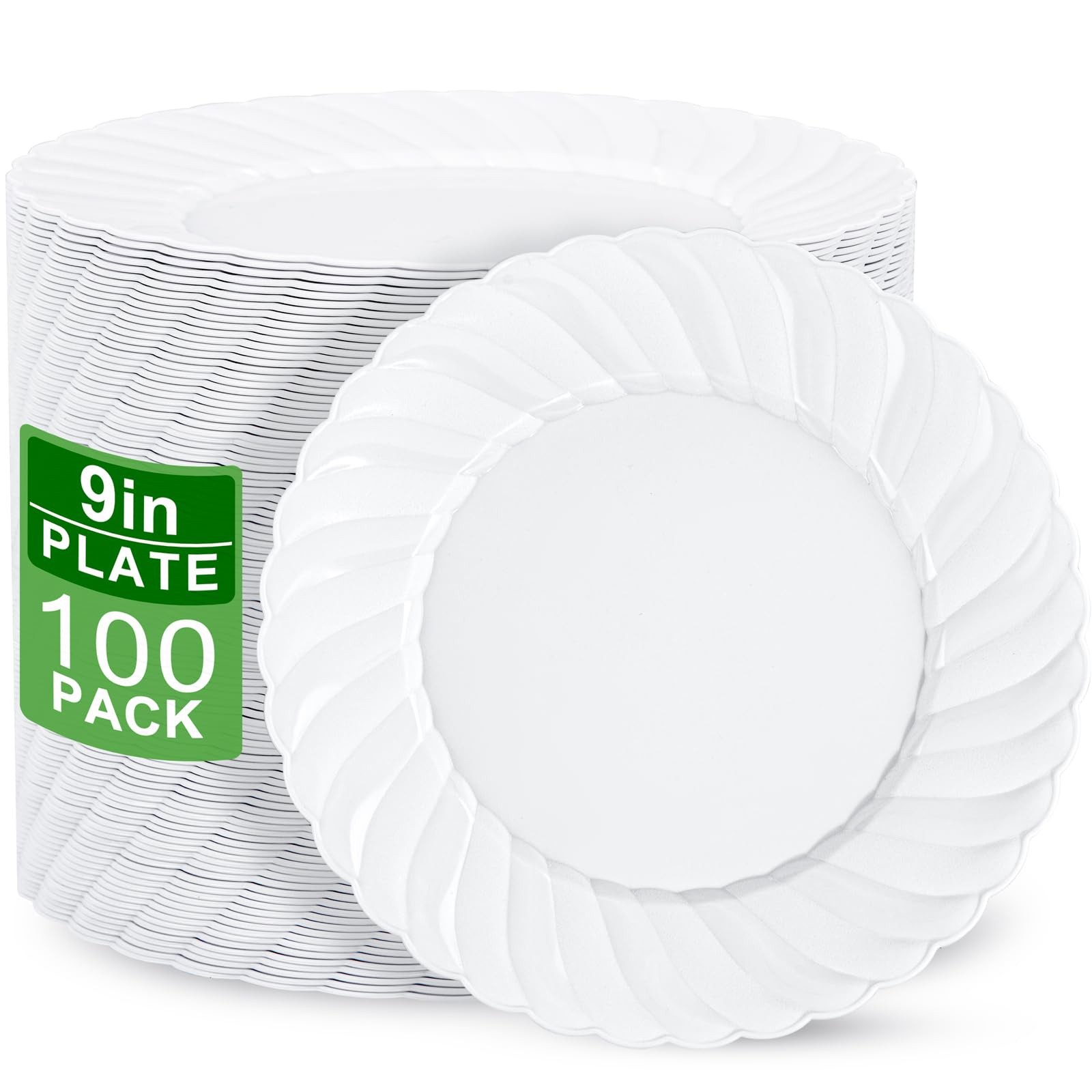 100 Pieces White Plastic Plates – 9 Inch White Disposable Plates – Washable &…