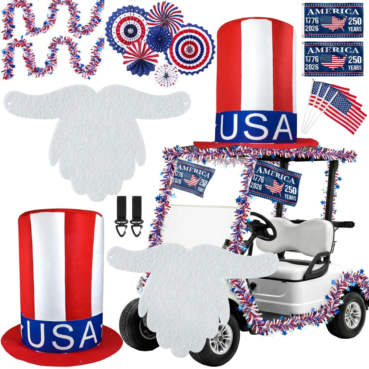 Patriotic 4th of July Golf Cart Decoration Kit – Giant Hat, Beard, Tinsel & Flag