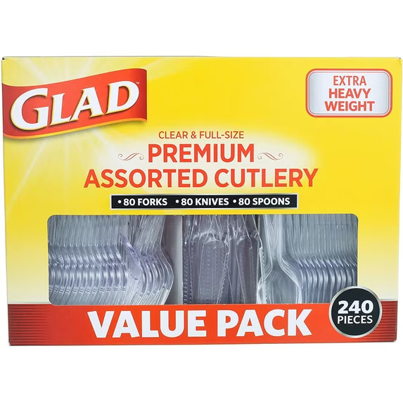 Glad 240 Count Clear Plastic Cutlery Set Forks Knives Spoons Party Utensils