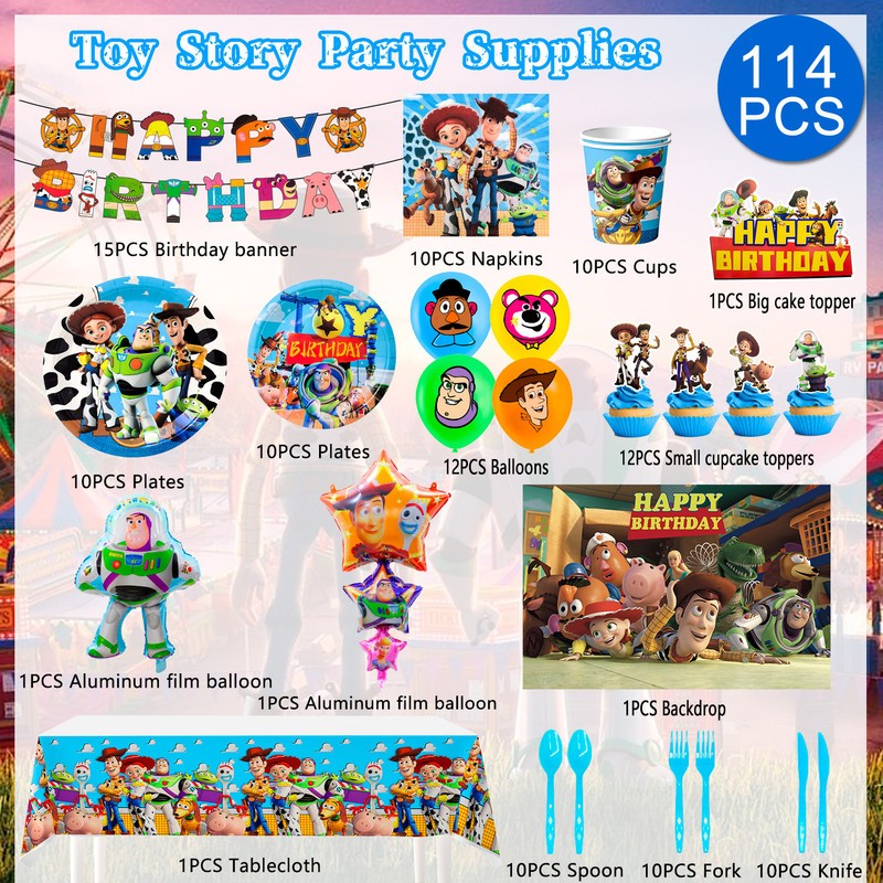 114 Pcs Toy Story Party Decorations Tableware Set Napkin Balloon Plates Backdrop