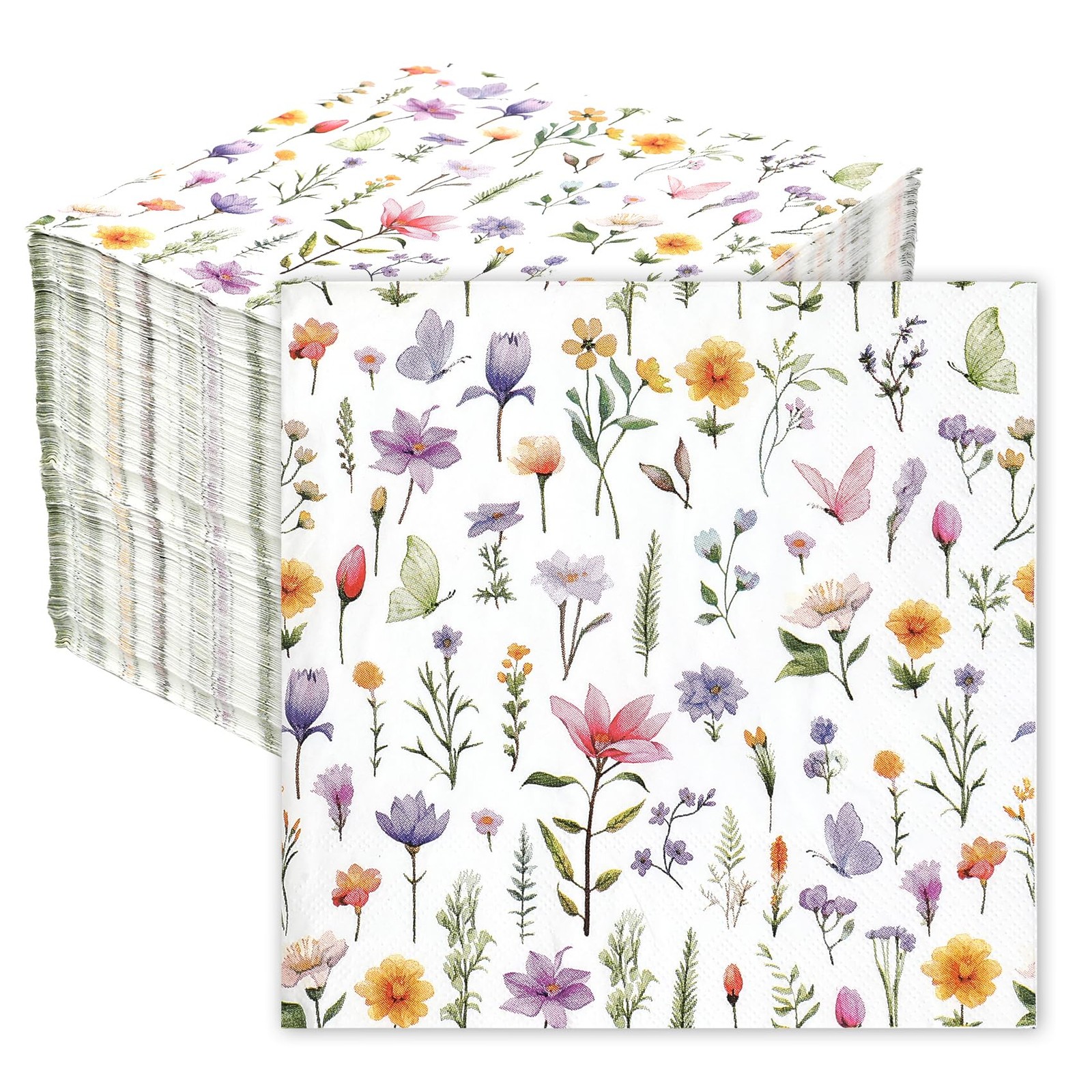 Wildflower Napkins, 100Pcs Floral Paper Napkins Disposable, 6.5×6.5 Inches Co…