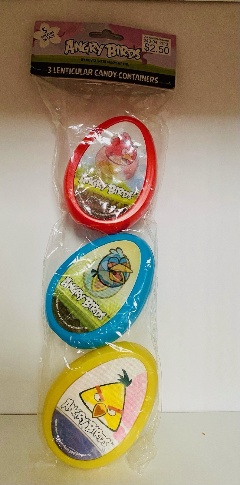 Angry Birds Vintage Lenticular Candy Containers 3 Pk Red Blue Yellow w Stickers