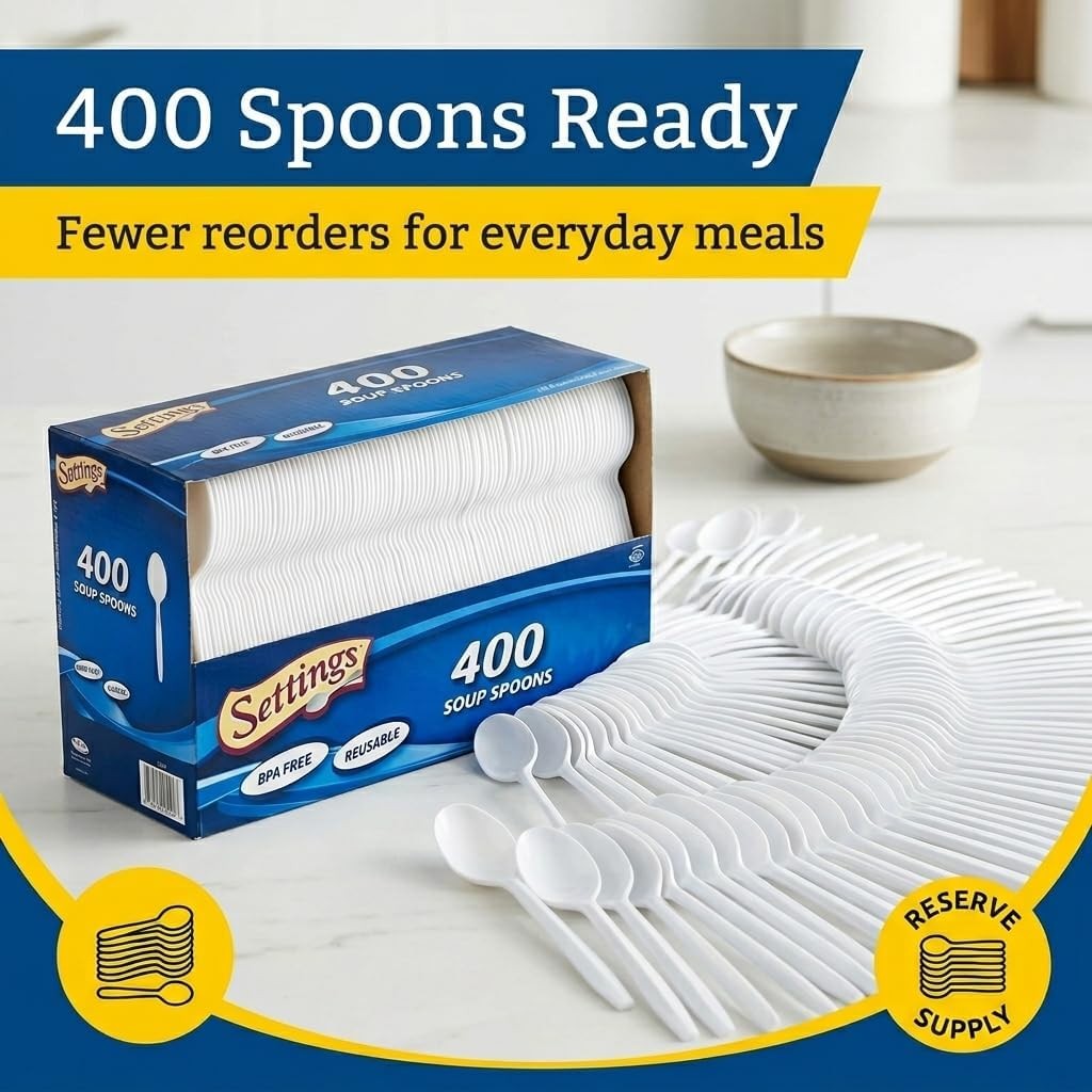 White Plastic Soup Spoons, 400 Count – Heavy-Duty Disposable Soup Spoons,