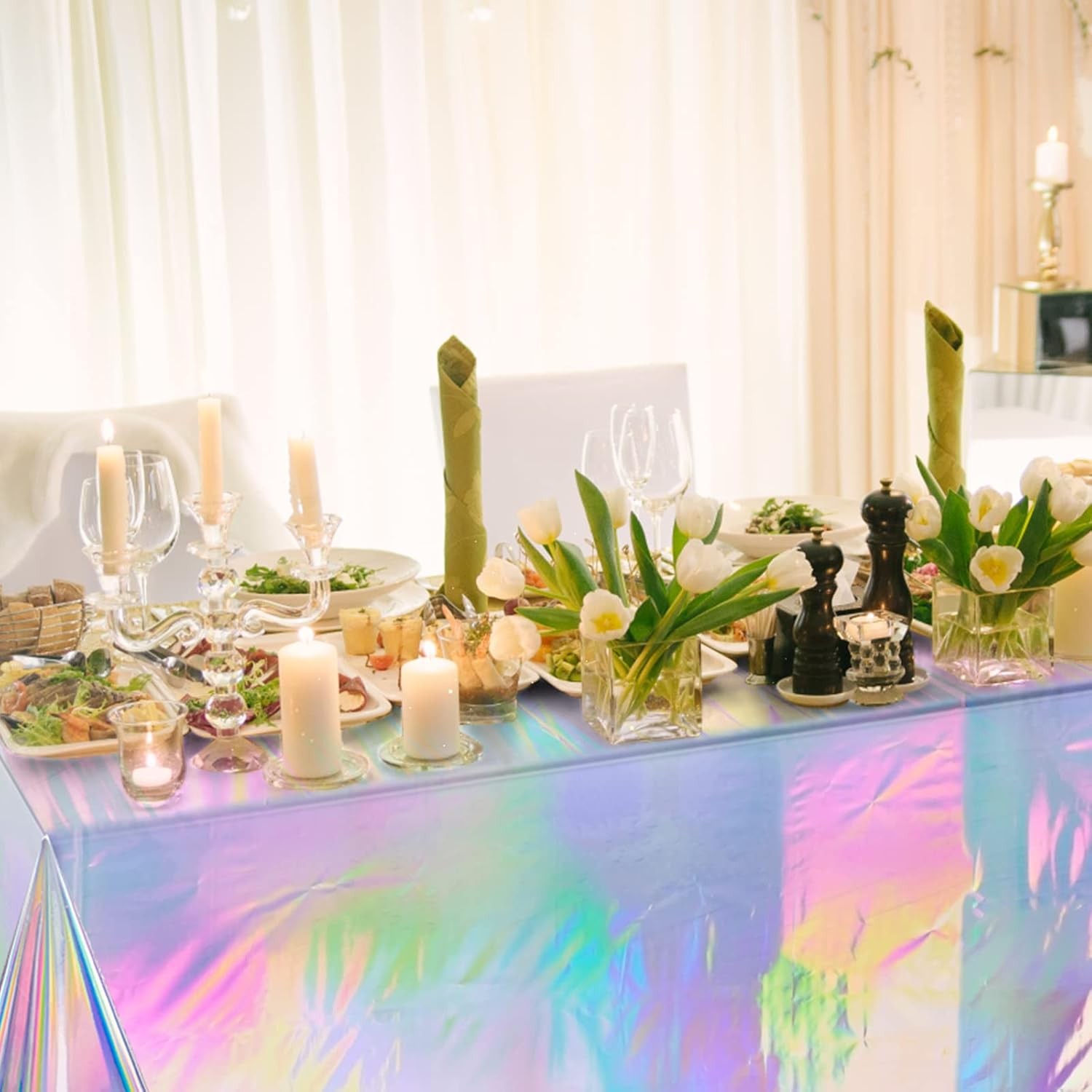 4 Pack Iridescent Plastic Tablecloths, Shiny Disposable Laser Rectangle Table