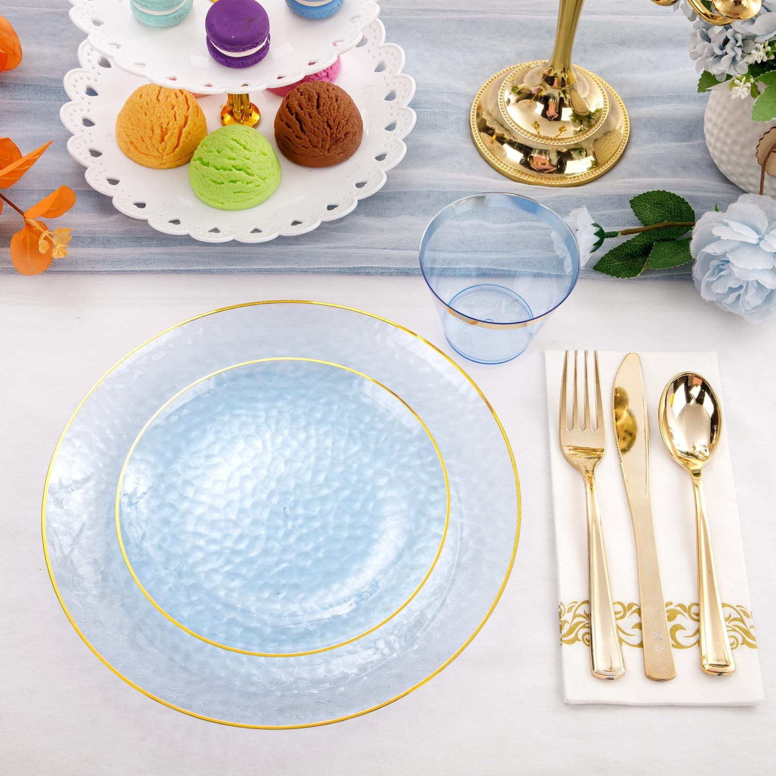 175 Pcs Blue Disposable Dinnerware Set for 25 Guests, Gold Rim Plates, Cups & Cu