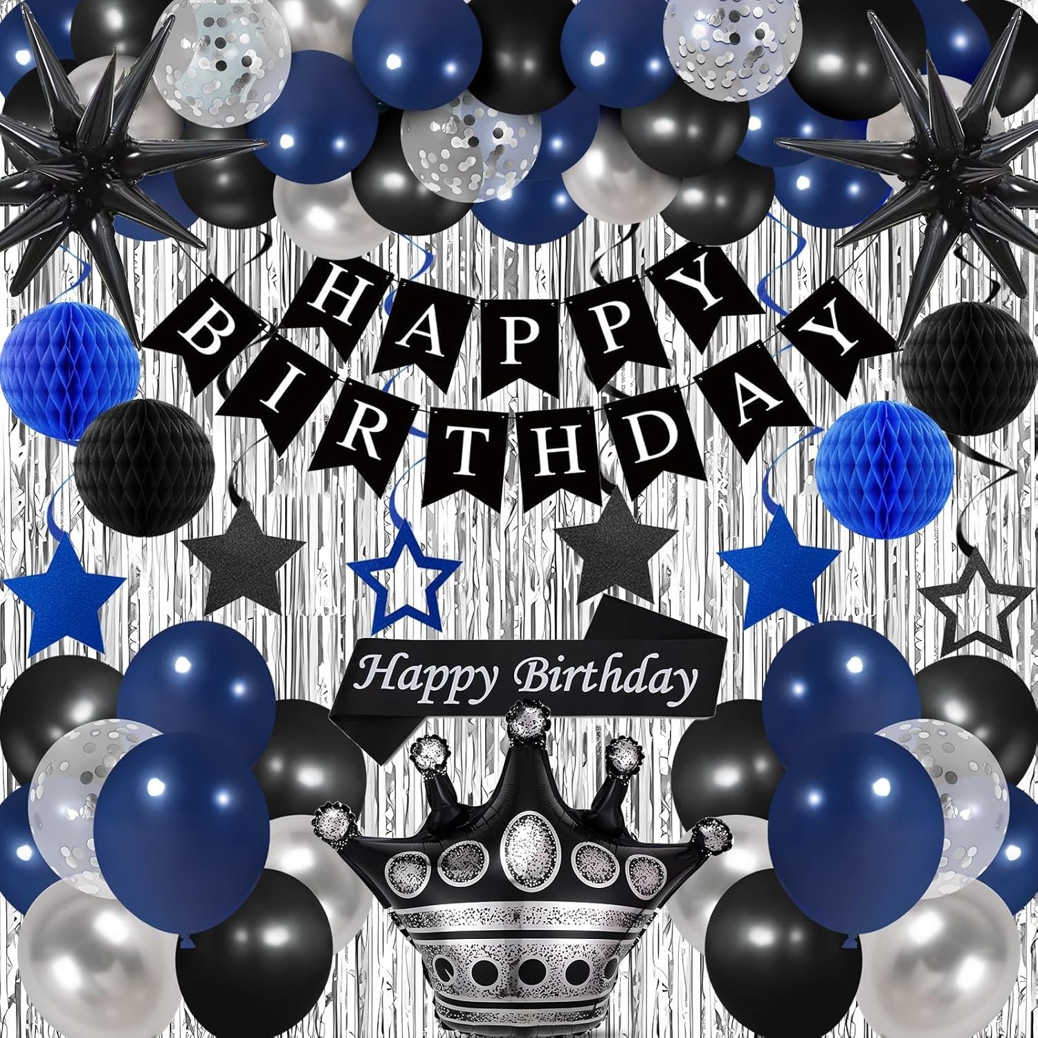 Blue and Black Birthday Decorations for Men Boys Women, 78PCS Blue and Silver…