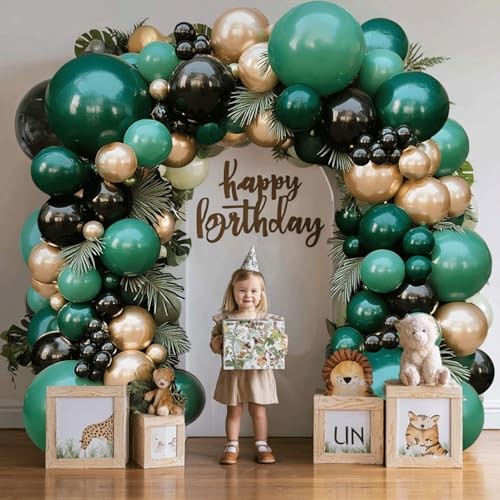 Dark Green and Gold Black Balloon Arch Kit, Double Stuffed Emerald Green Black