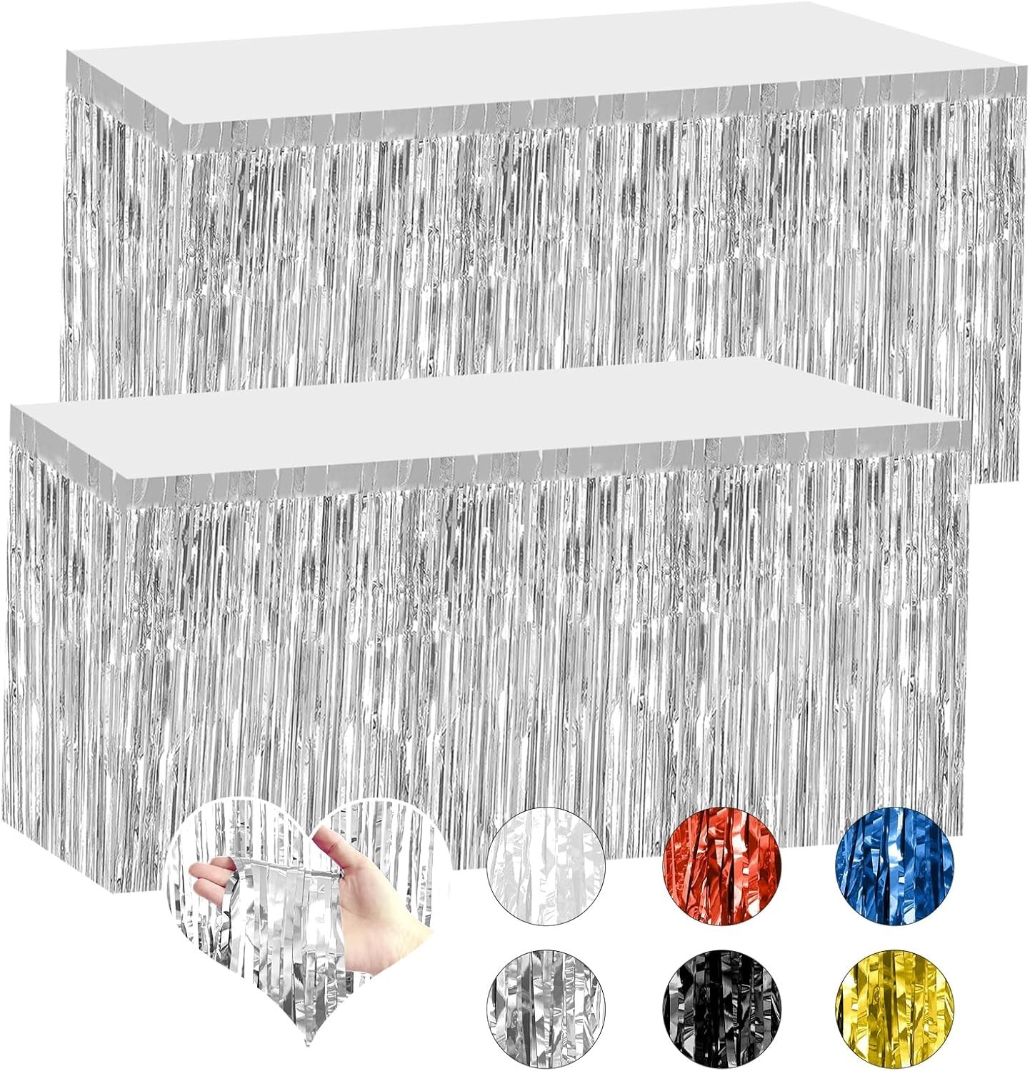 2 Pack 29.5×108 Inch Silver Foil Tinsel Fringe Table Skirts, Disposable Table…