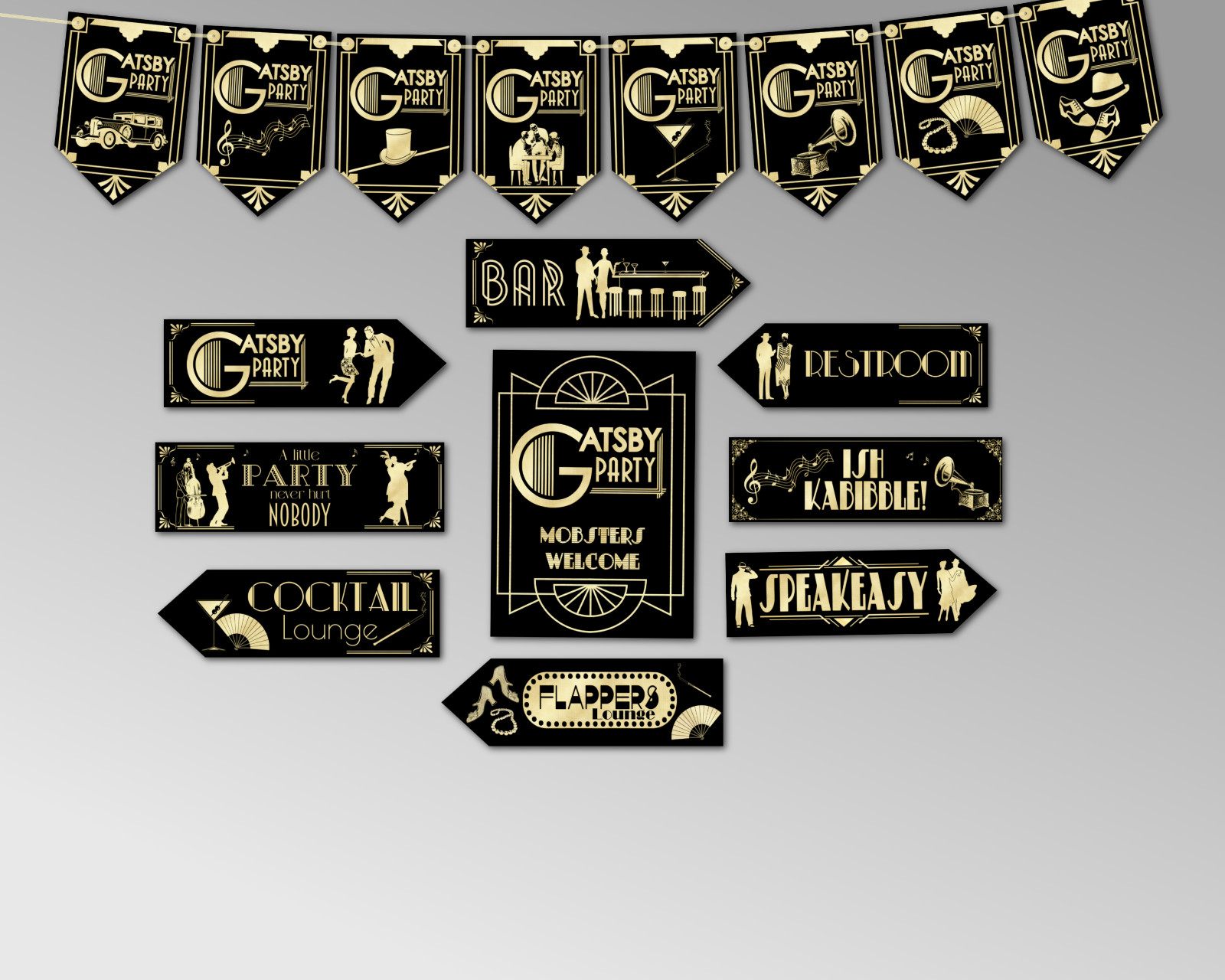 Gatsby Flapper Speakeasy Art Deco 1920s Party Bunting Arrows & Signs Decorations