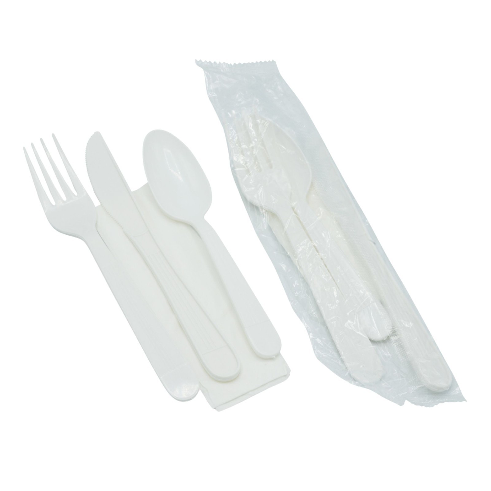 4Pcs White Medium Weight Wrapped Polypropylene Plastic Cutlery Pack with Napkin