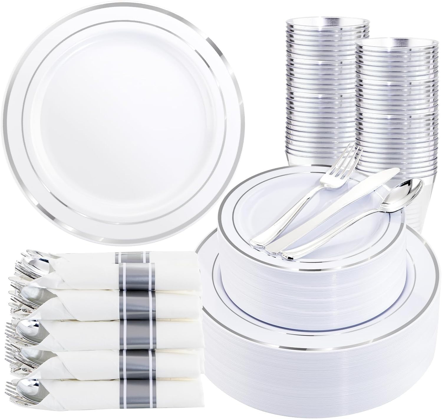 350Piece Silver Plastic Dinnerware Set for 50 Guests – Silver Plastic Plates wit