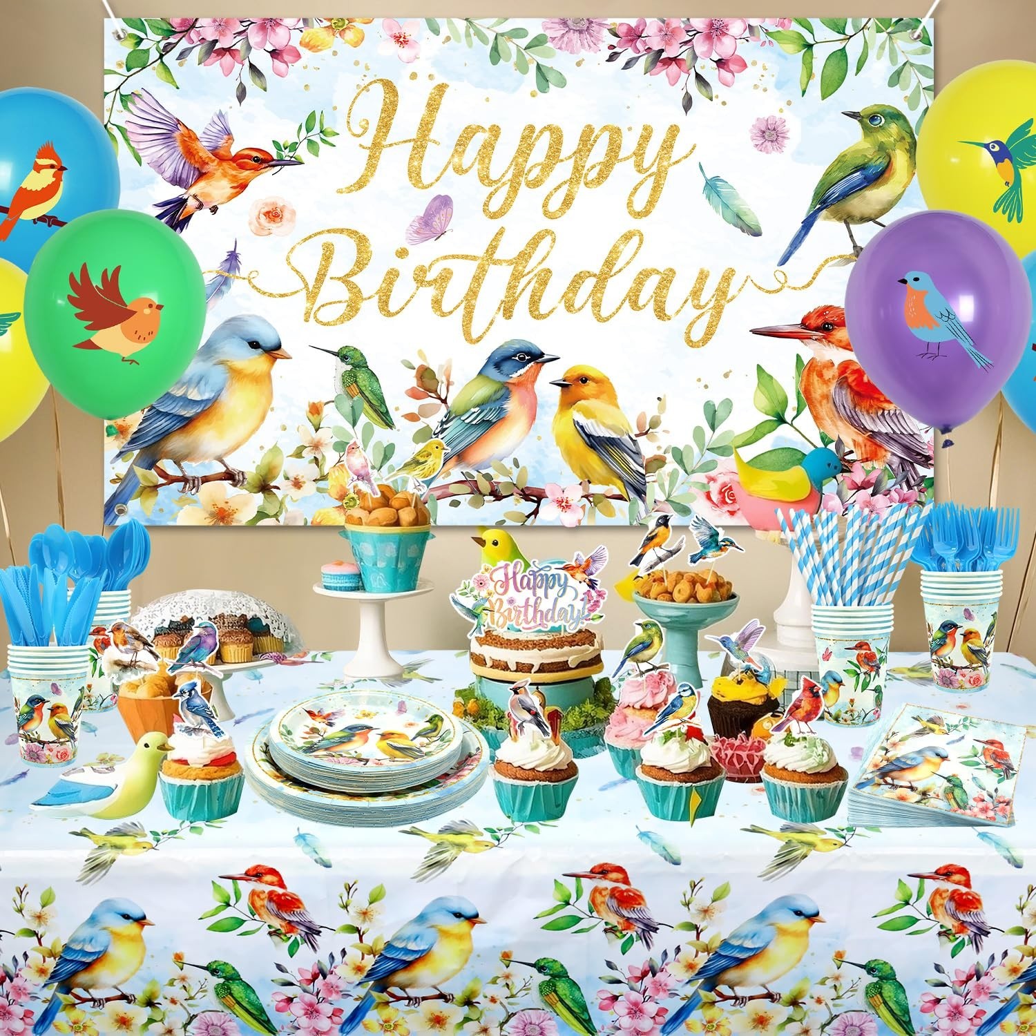Bird Theme Party Supplies Set – Birthday Backdrop, Plates, Cups, Tablecloth, Bal