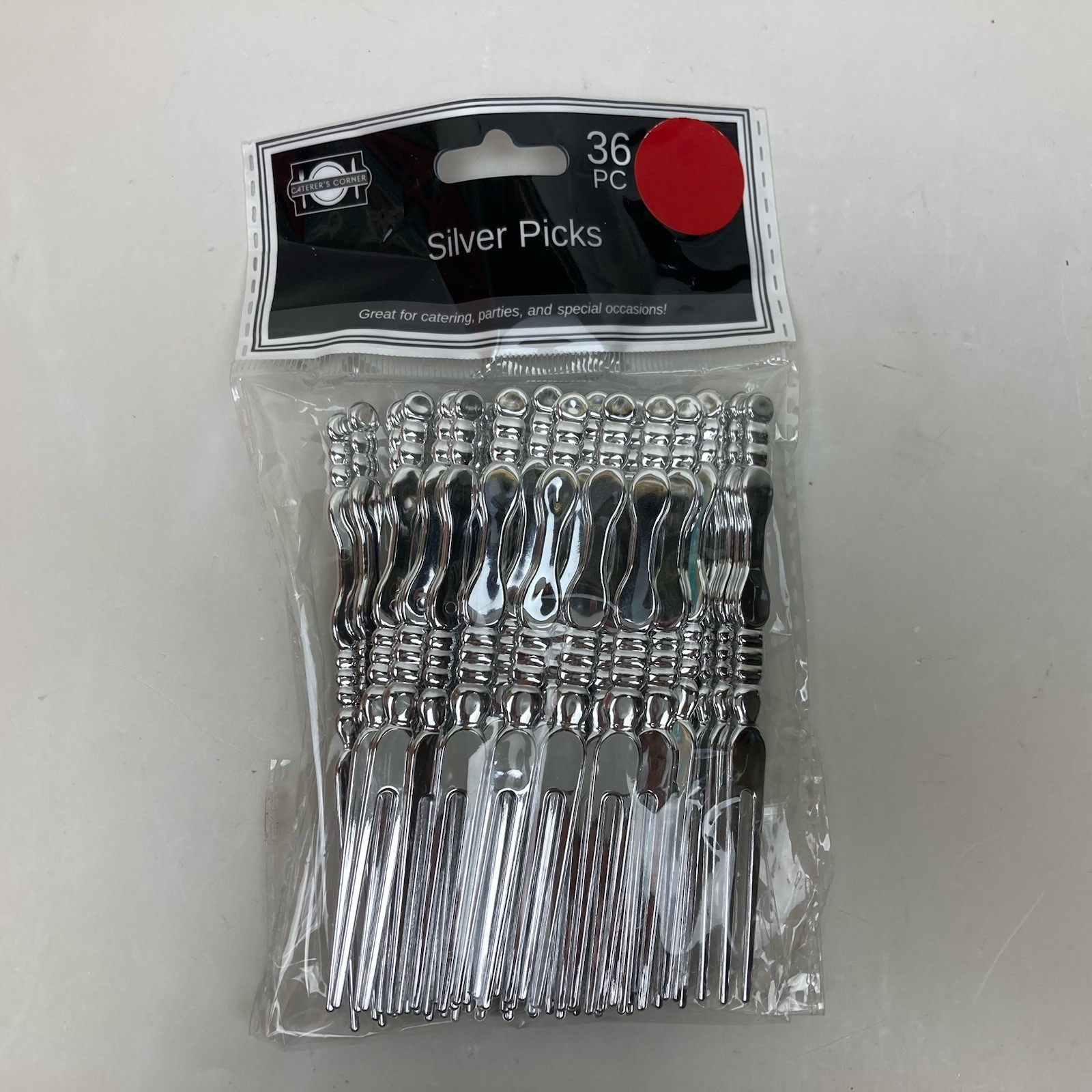 Catere’s Corner MINI PLASTIC 12 Wavy Plates, 36 Silver Picks, 24 Silver Forks