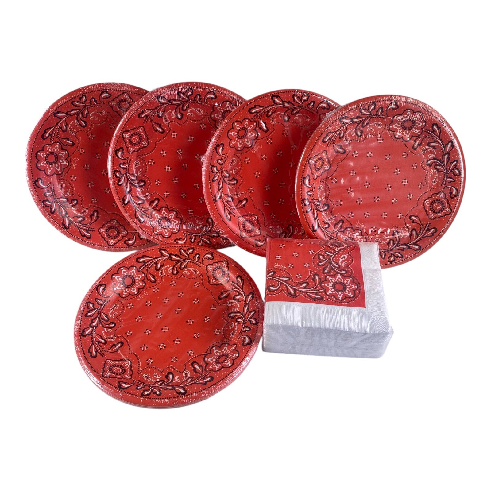 Red Bandanna Plastic Coated Paper Plates & Matching Napkins (50 ct ea)