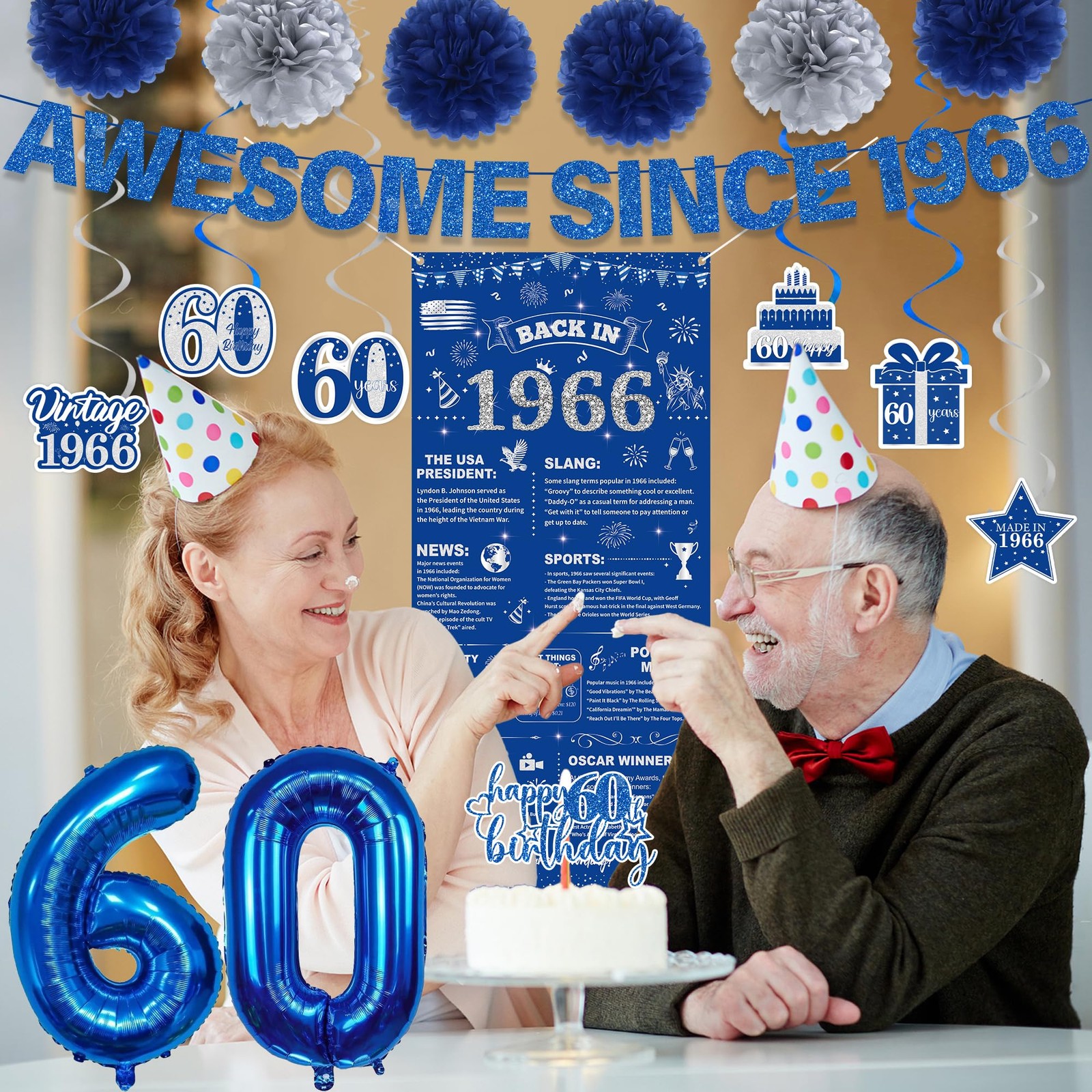 60th Birthday Decorations Men Banner – 17 Pcs Blue Glitter Back In 1966 Birth…
