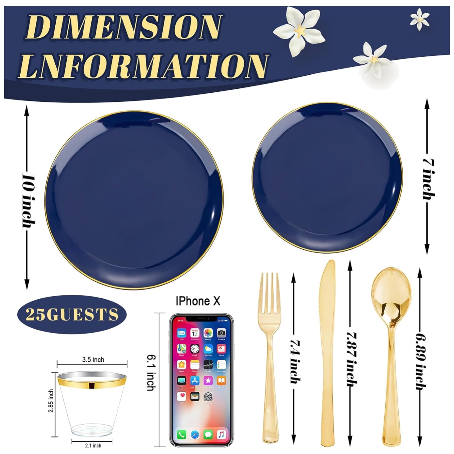 Disposable Blue Plates with Gold Rim – 25 Guests