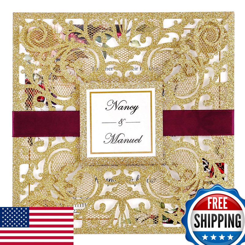 Dreambuilt 6.3 X 6.3 Inch 50Pcs Blank Dark Gold Glitter Laser Cut Wedding