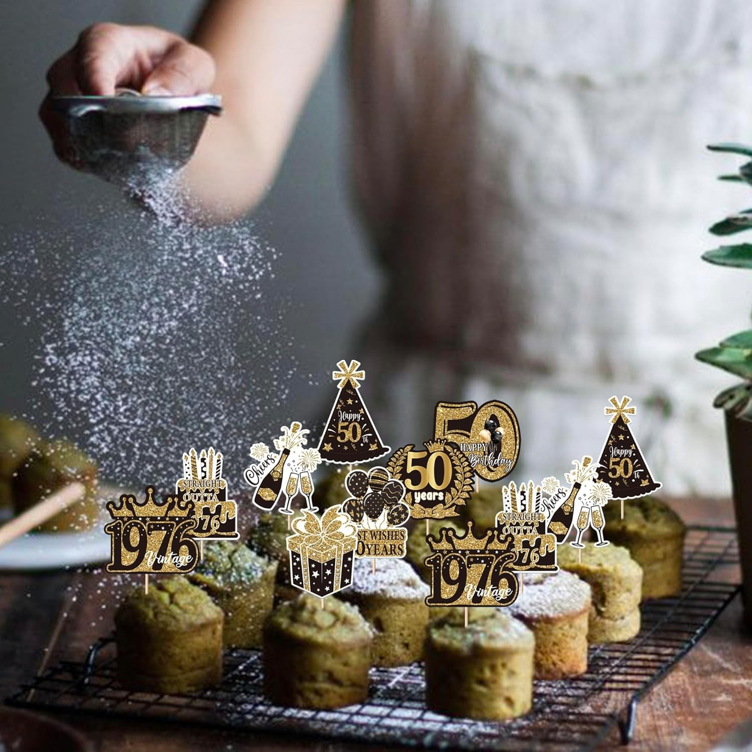 50th Birthday Cupcake Toppers 40 Pack Black Gold Decorations