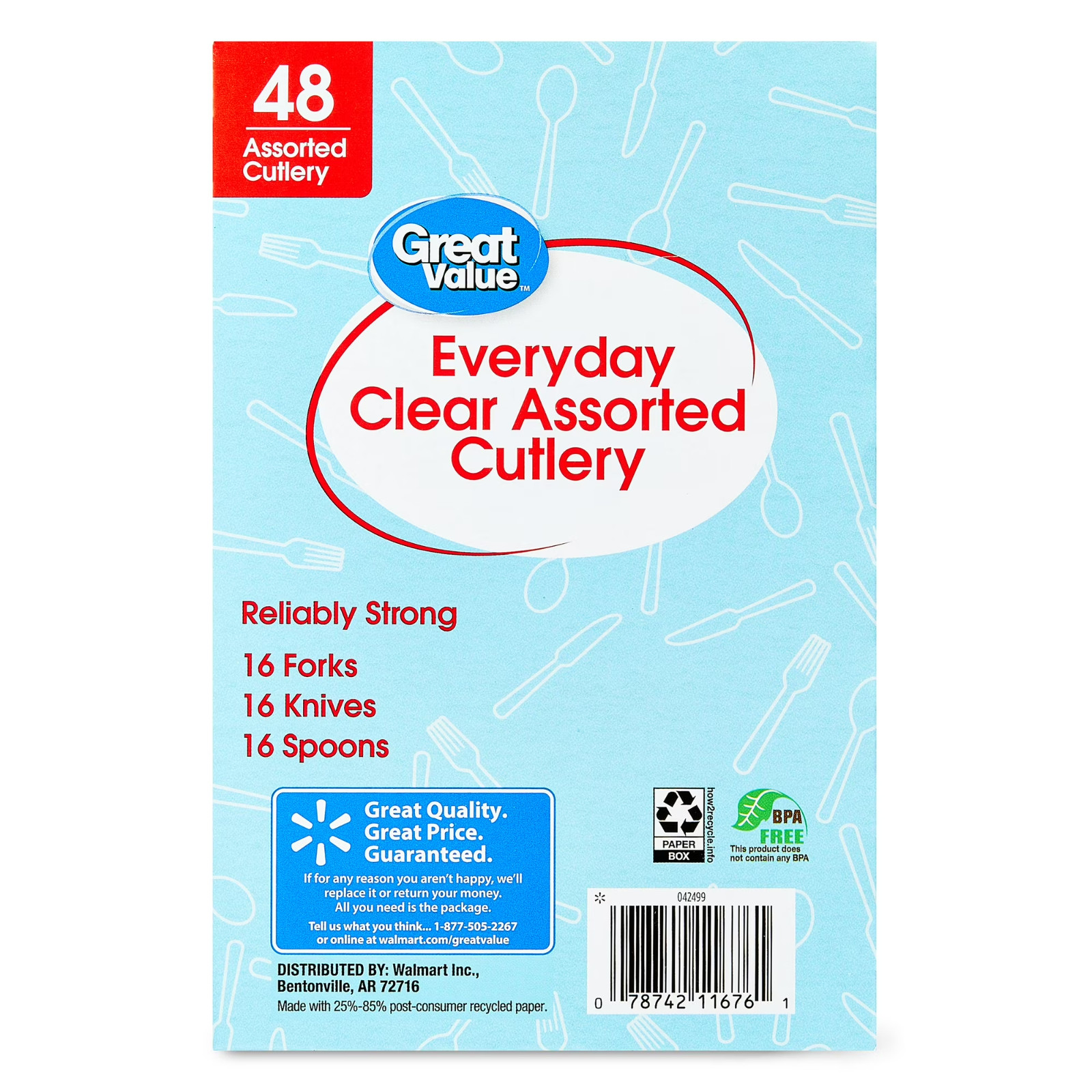 (6 pack) Great Value Plastic Everyday Clear Assorted Cutlery, 48 Count includes