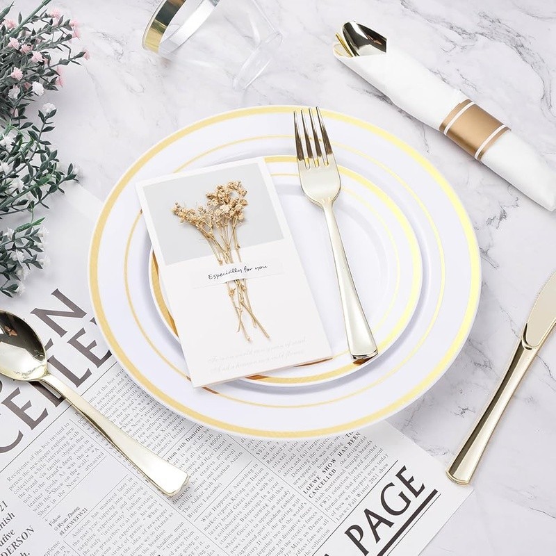 Elegant Disposable Party Plates Set W/ Gold Silverware Weddings Birthdays Events