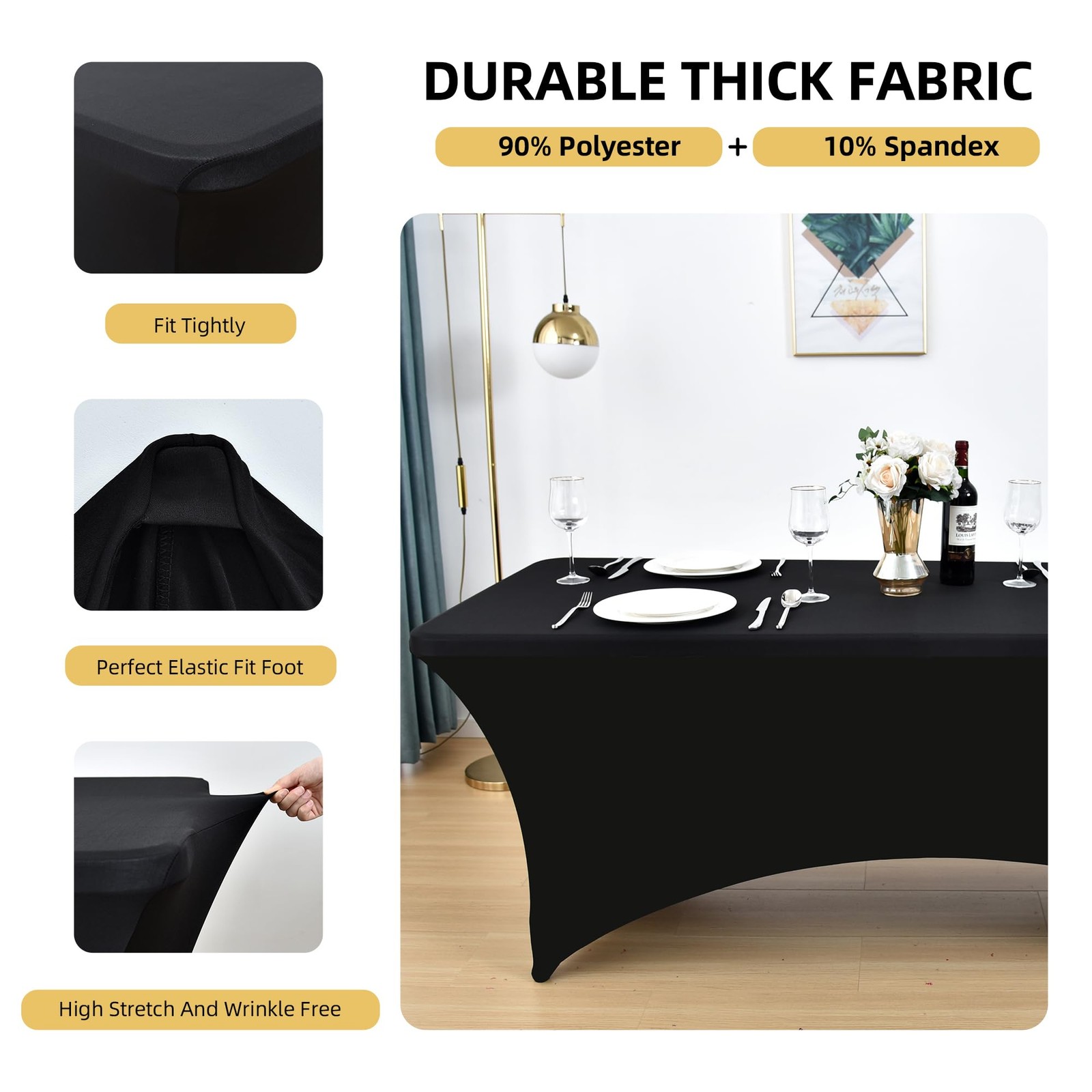 ZarzaaSik 6-Pack 6ft Black Spandex Table Covers for Rectangle Standard Folding T