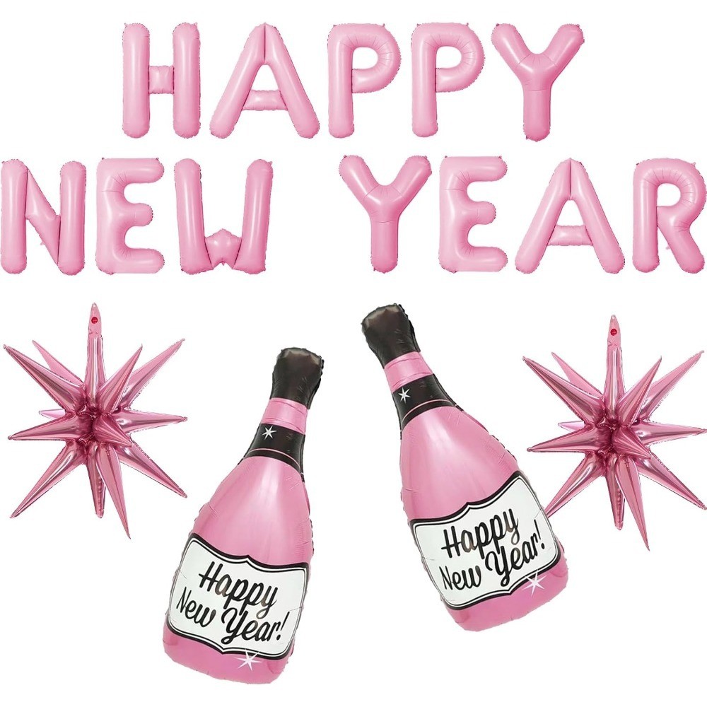 16 Pcs Pink New Year Champagne Bottle Balloons Happy New Year Banner Star NYE