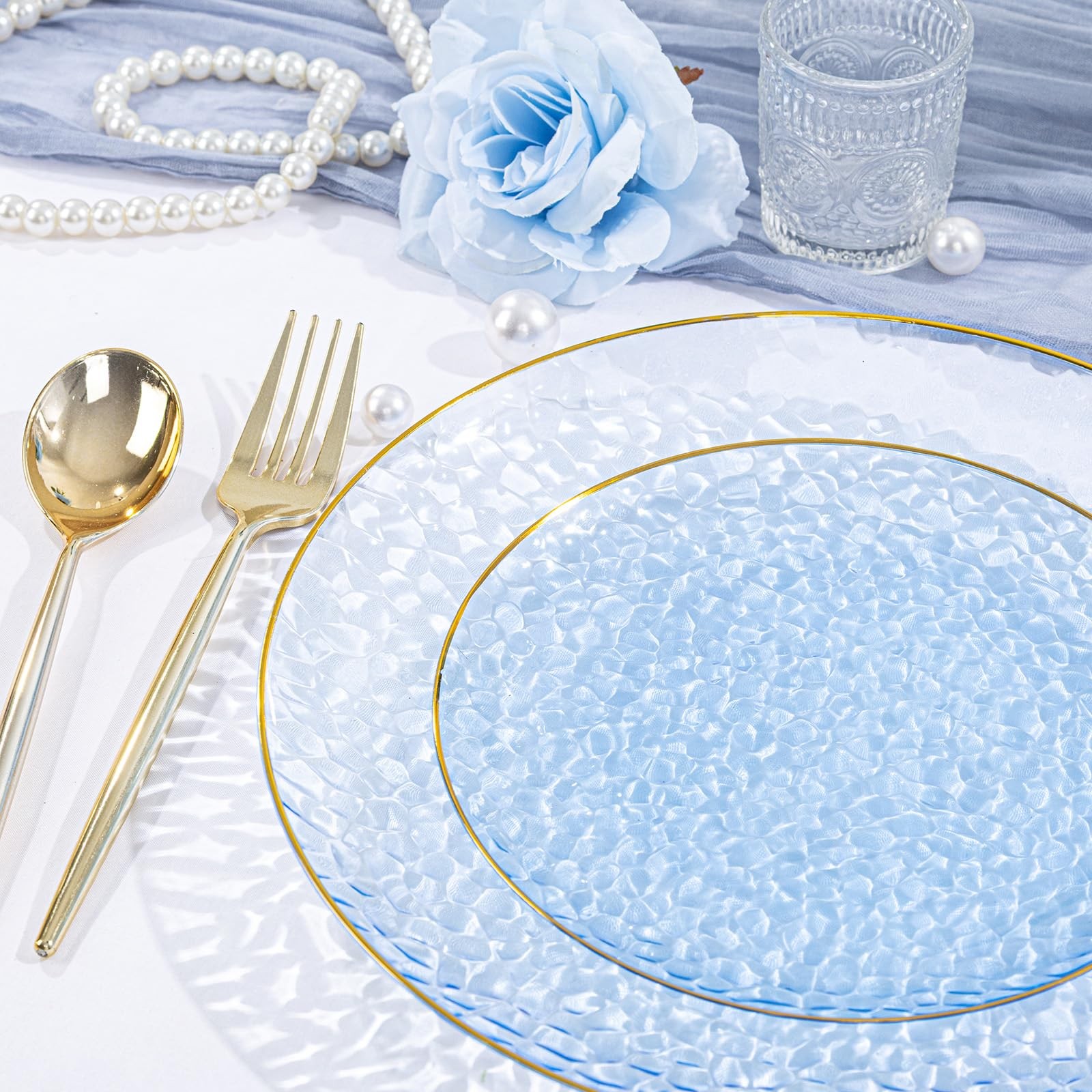 SUT 36Pcs Blue Plastic Plates Hammered Heavy Duty Disposable Plates Blue Gold Ri