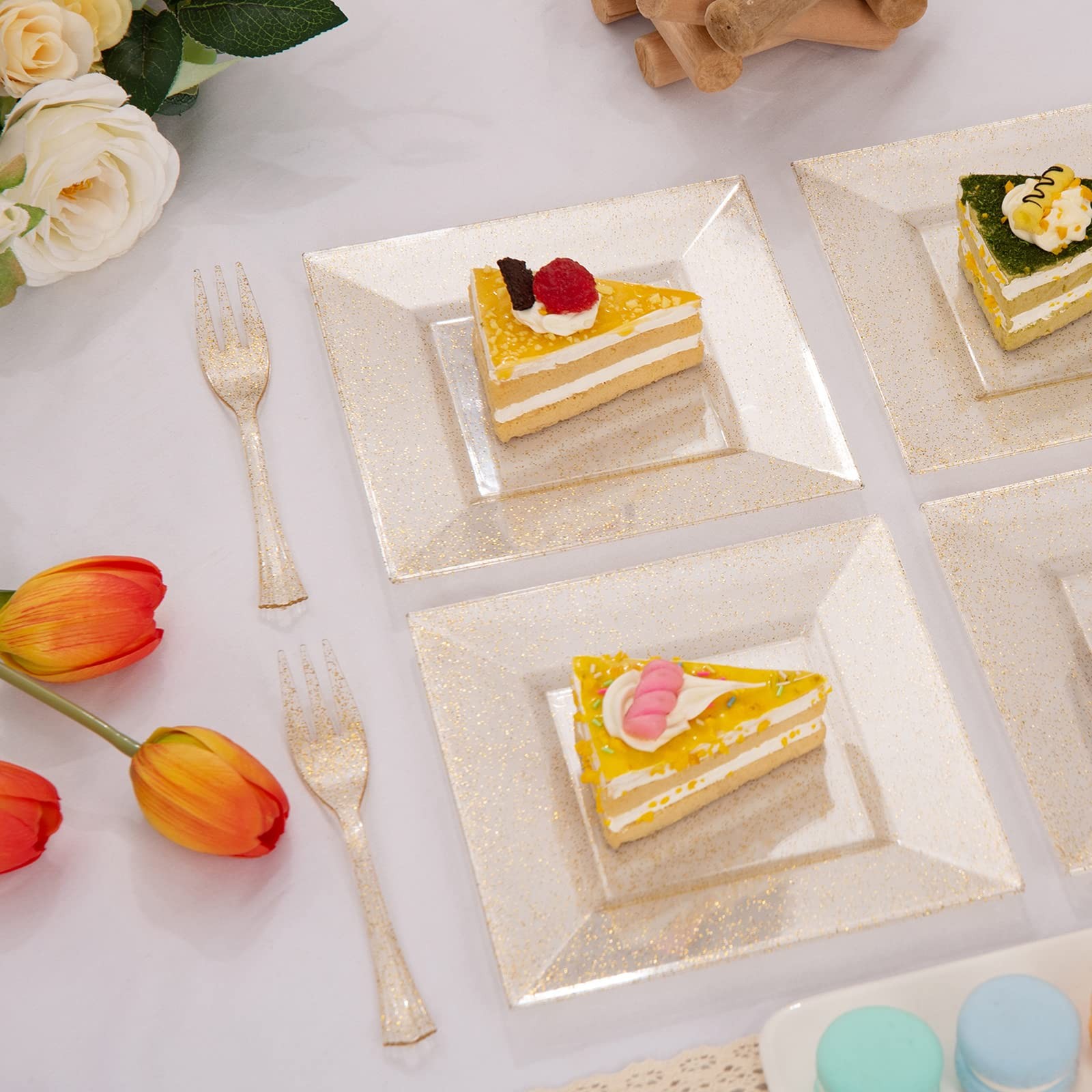 200Pcs Gold Dessert Plates 6″ with Plastic Forks 5.7″,Gold Glitter Plastic Sq…