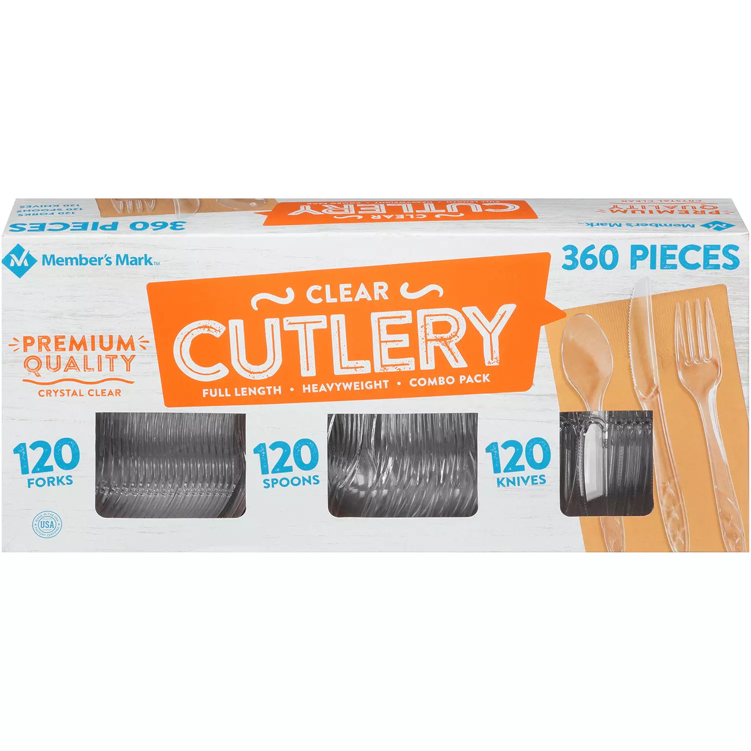 (360 TOTAL) FORKS,SPOON, KNIFE CLEAR PLASTIC HEAVYWEIGHT SINGLE USE WEDDINGS/USA