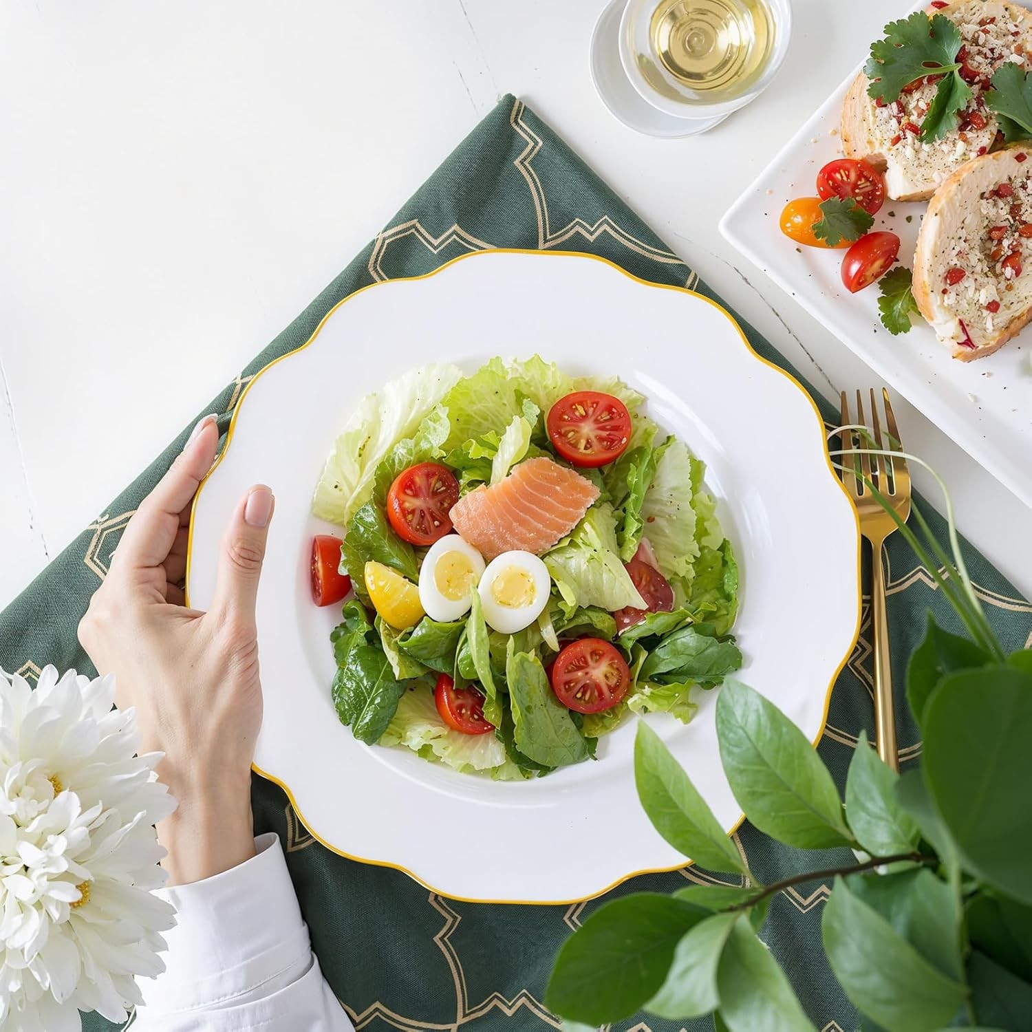 180PCS White and Gold Plastic Plates Disposable – White with