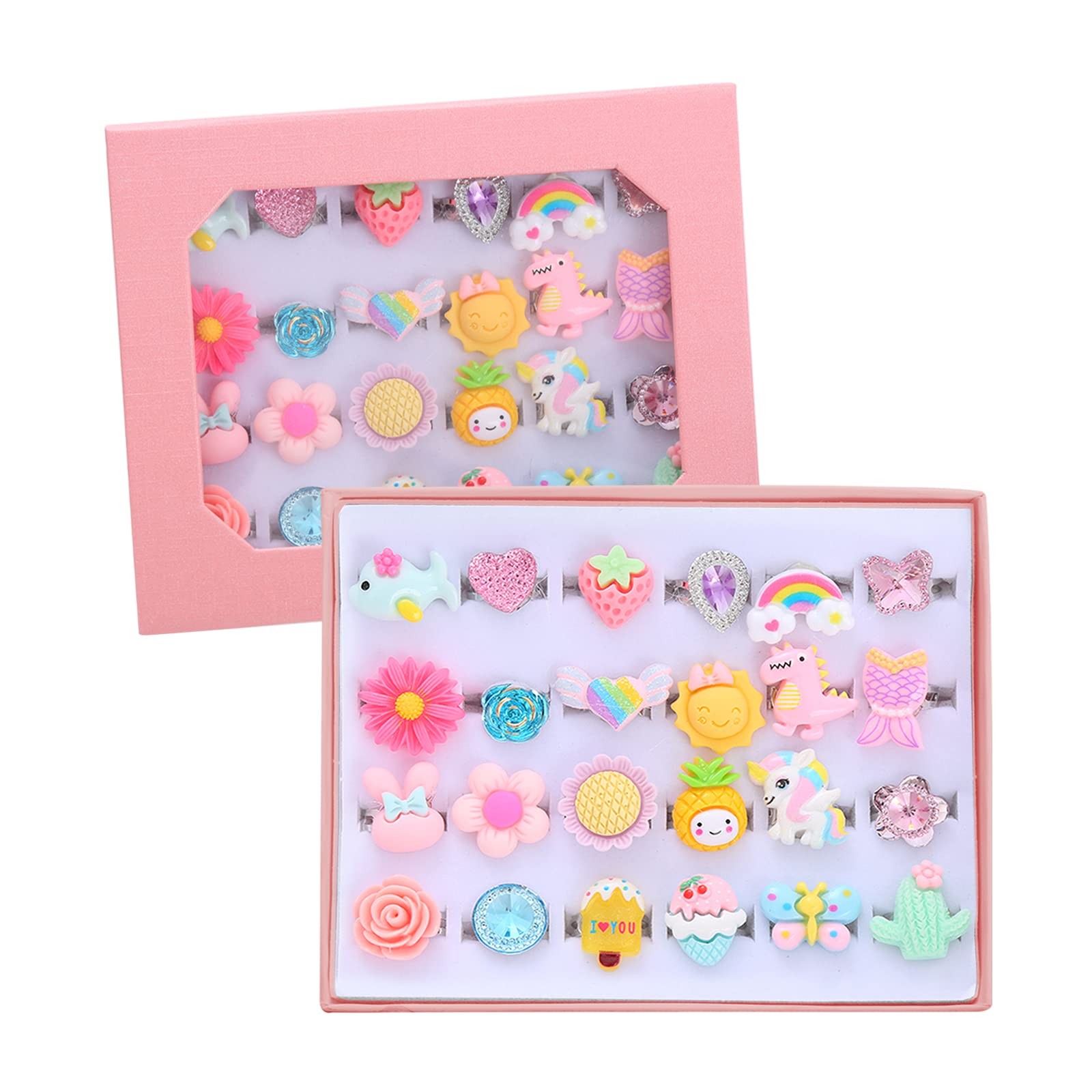 PASEMM 24pcs Little Girl Jewel Rings, Adjustable, No Duplication Kids Play Ri…