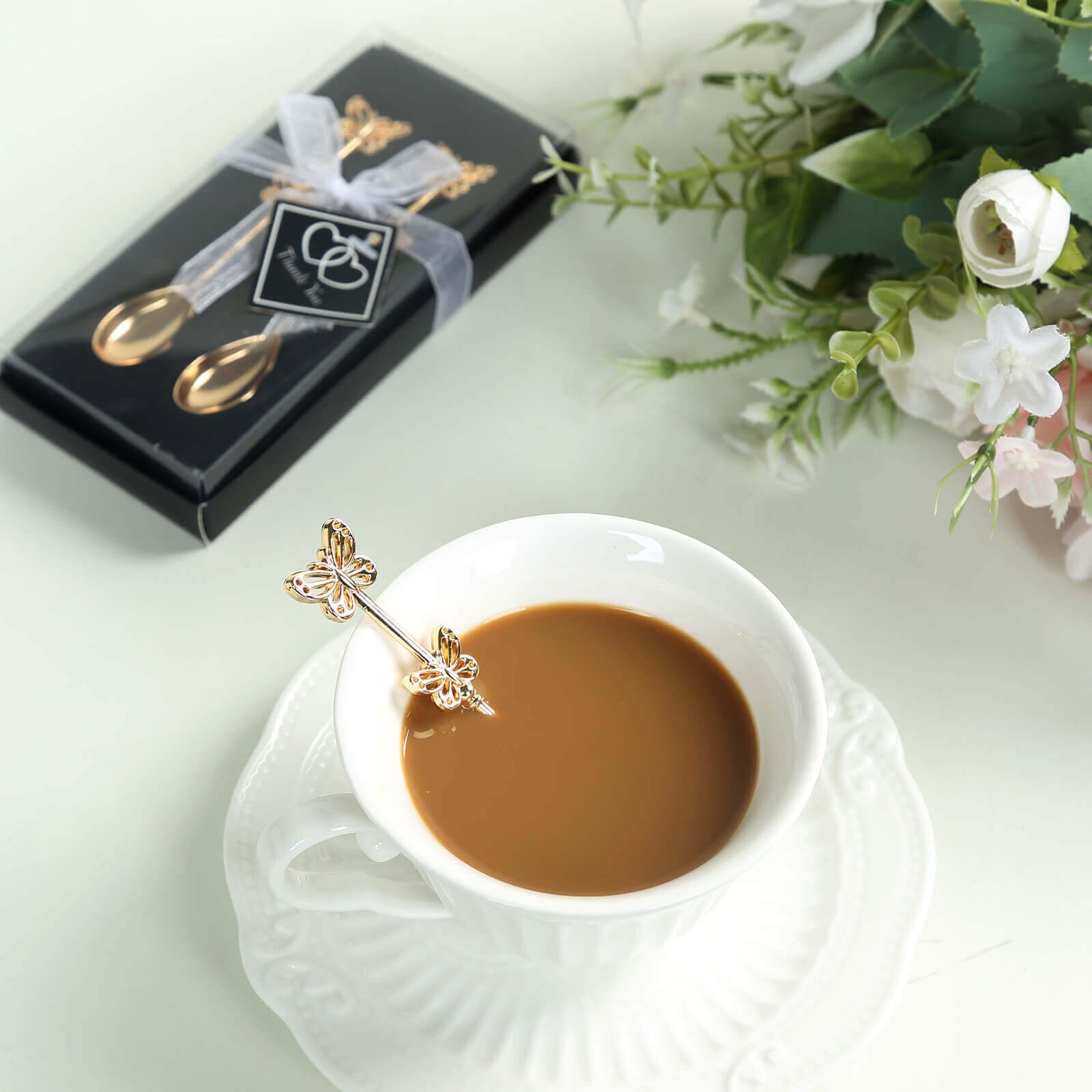 10 Gold Metal Butterfly Handle Coffee Spoons in Clear Top Black Gift Box Party