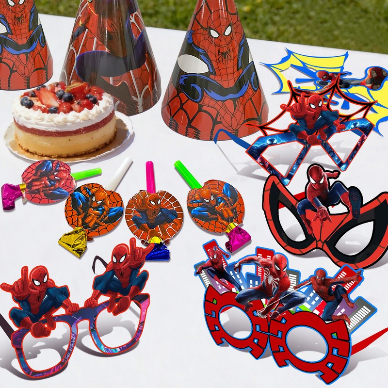 36 Pcs Spider Man Party Favors Marvel Birthday Cake Hat Blowout Photo Booth Prop