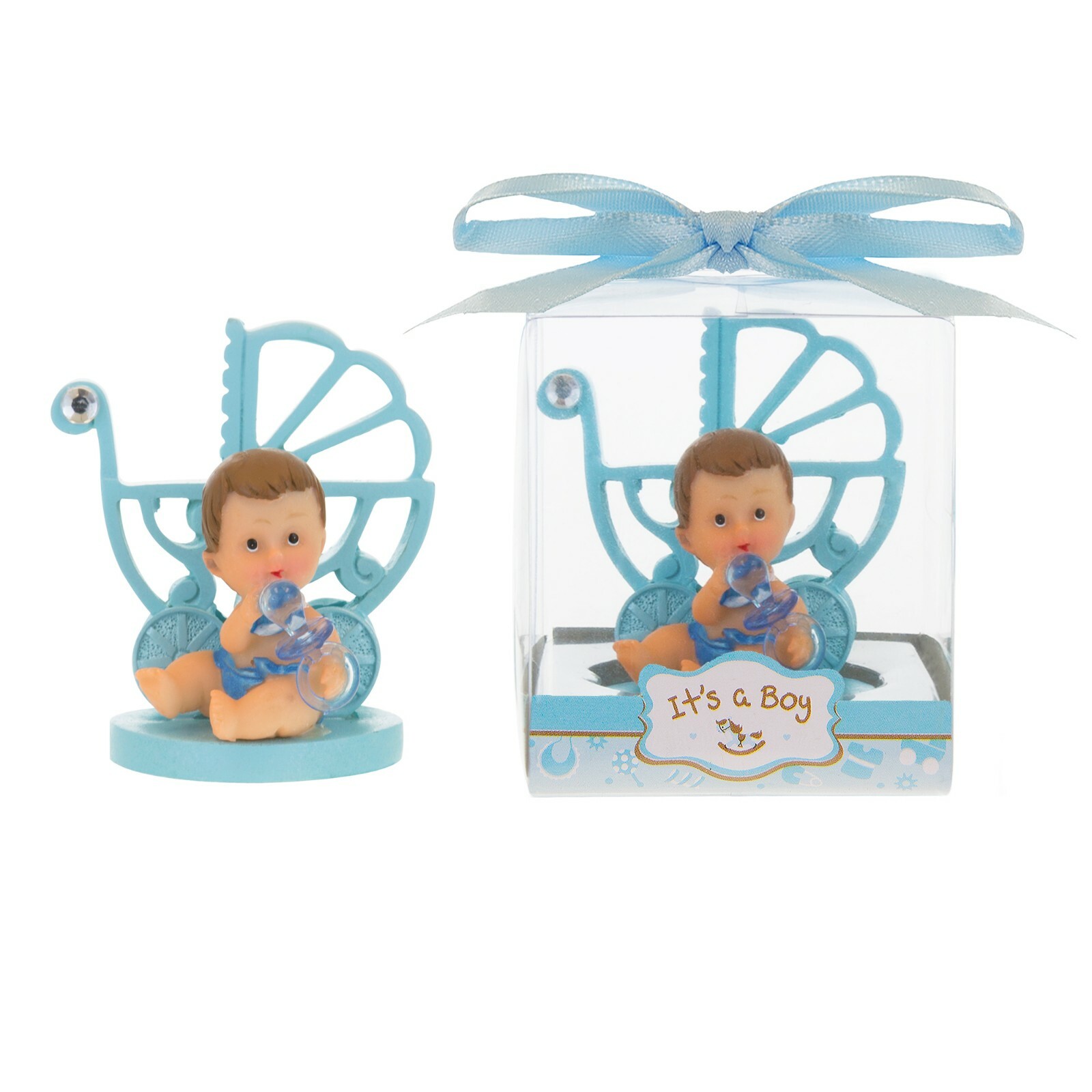 Mega Favors – Baby Boy Sitting with Baby Carriage Poly Resin – Blue, 12PCS
