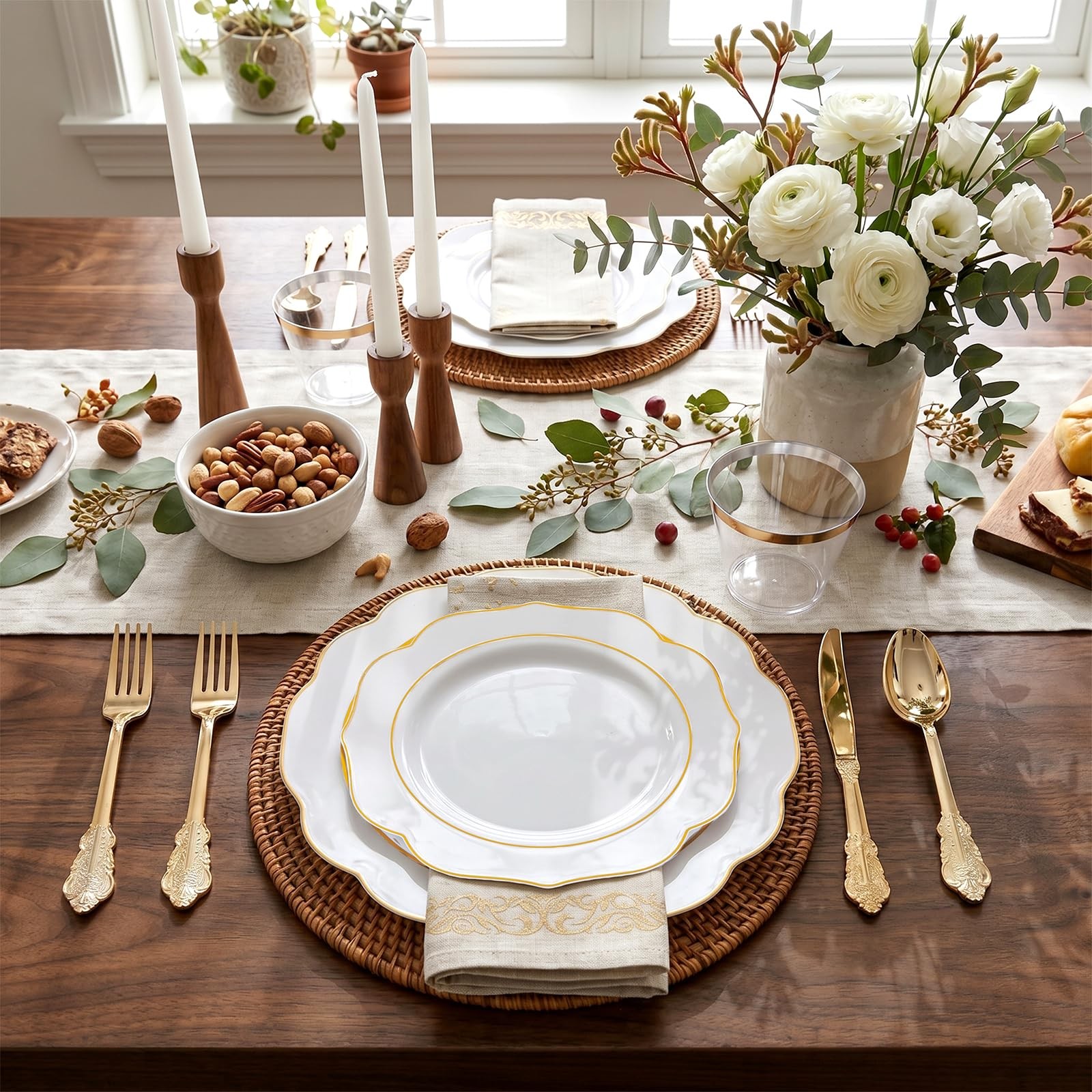 175PCS Gold Plastic Plates with Disposable Silverware – White Gold Plastic Ta…