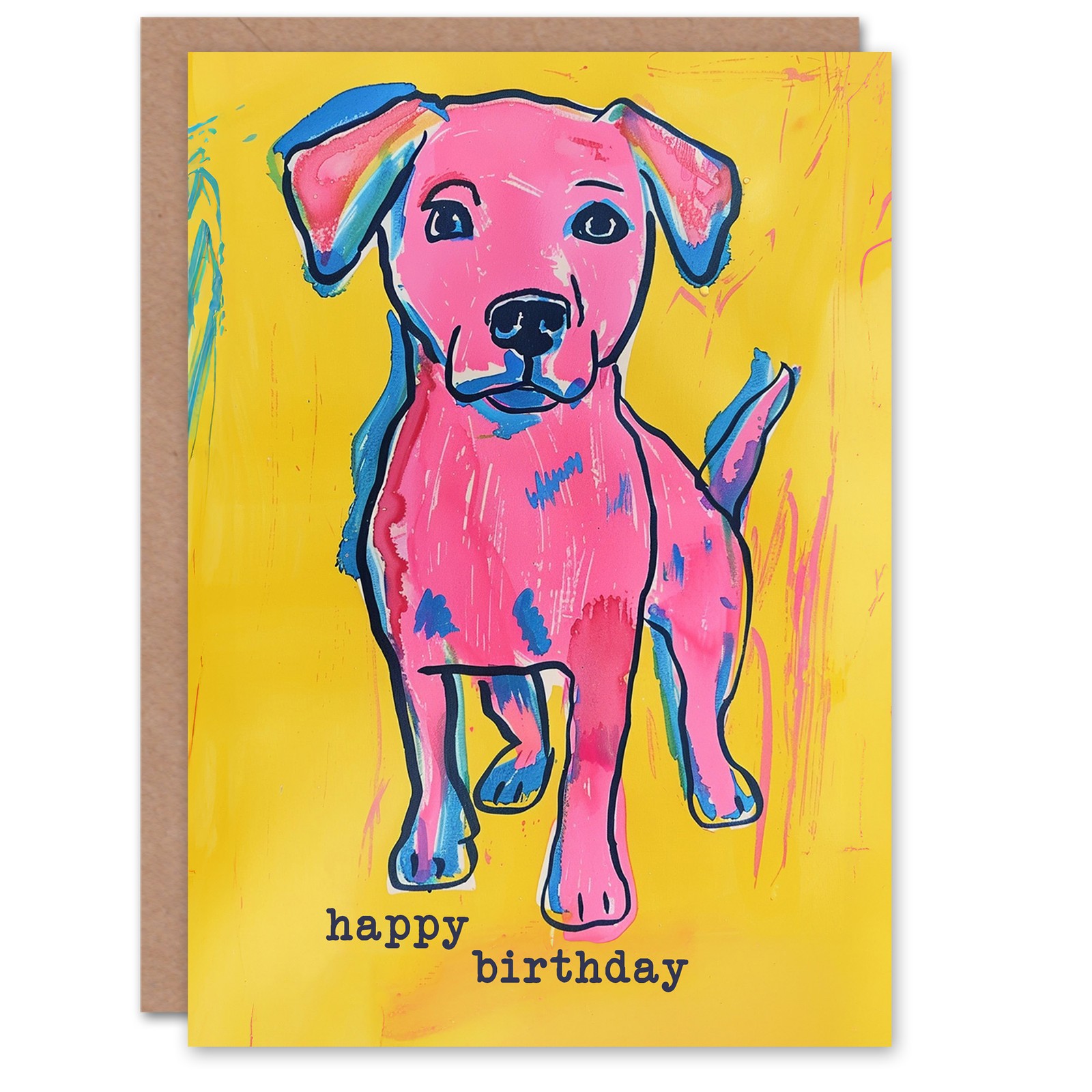 Dog Lover Cute Puppy Bright Pink Yellow Pop Art Birthday Card