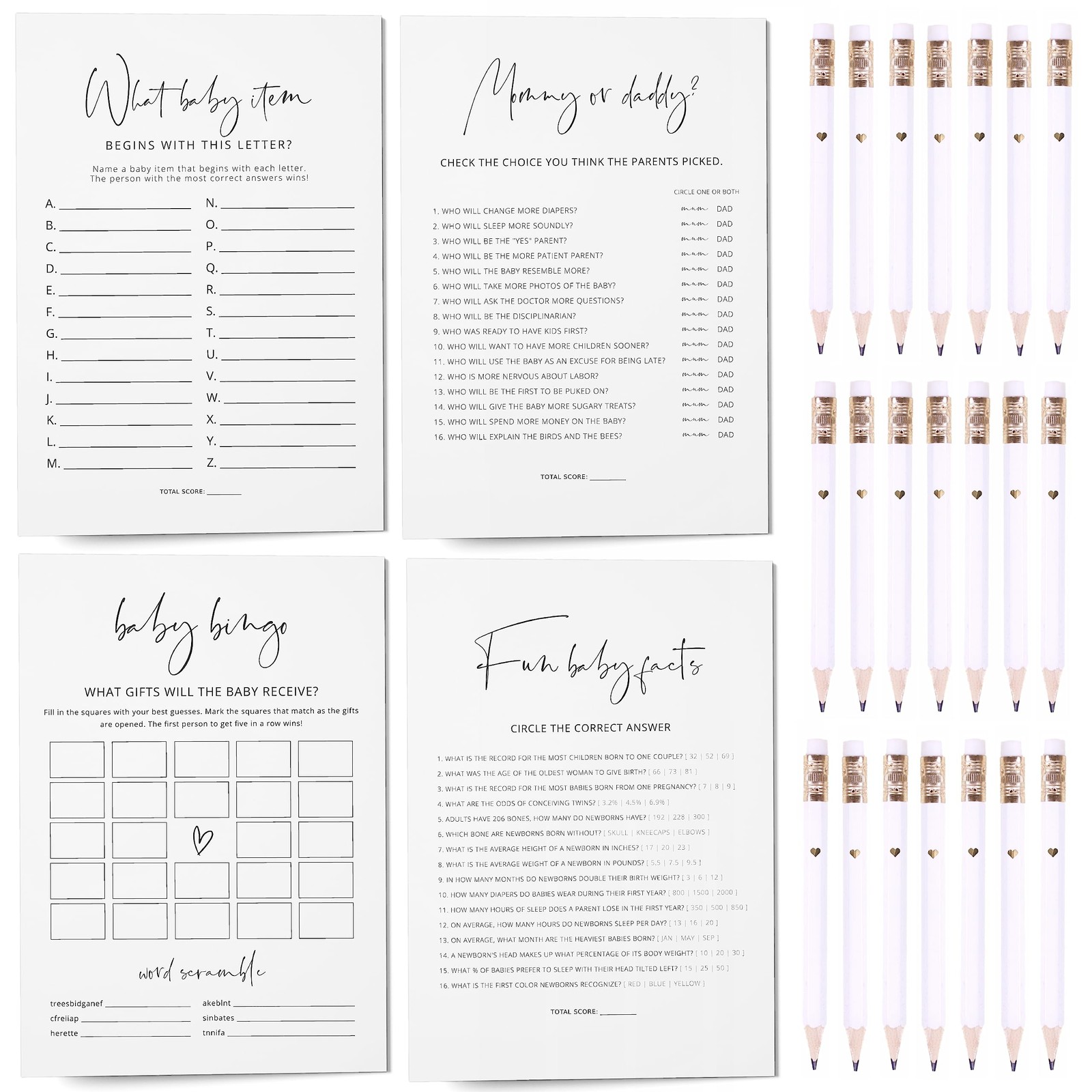 Baby Shower Games, Set of 4 Minimalist Baby Shower Games for 30 Guests, Boy o…