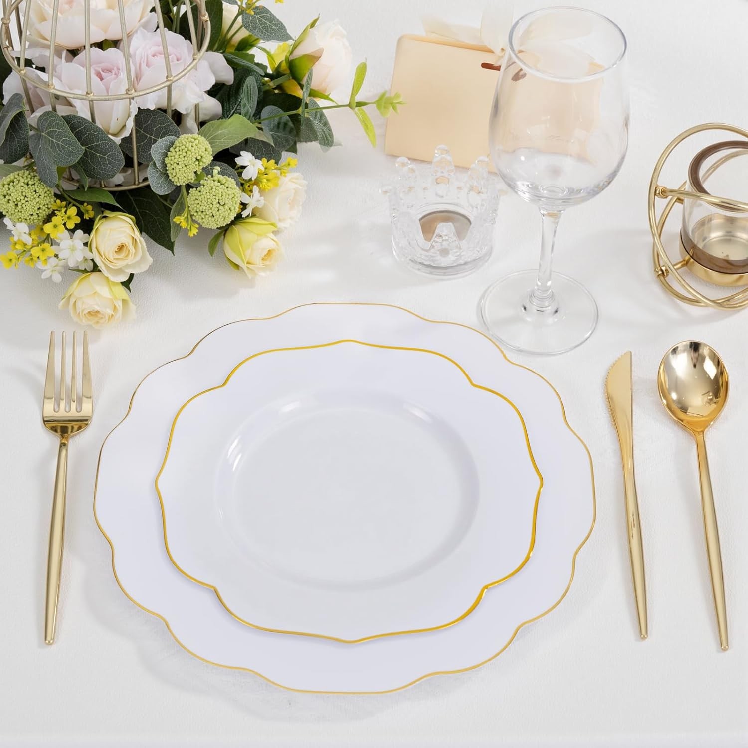 180PCS White and Gold Plastic Plates Disposable – White with