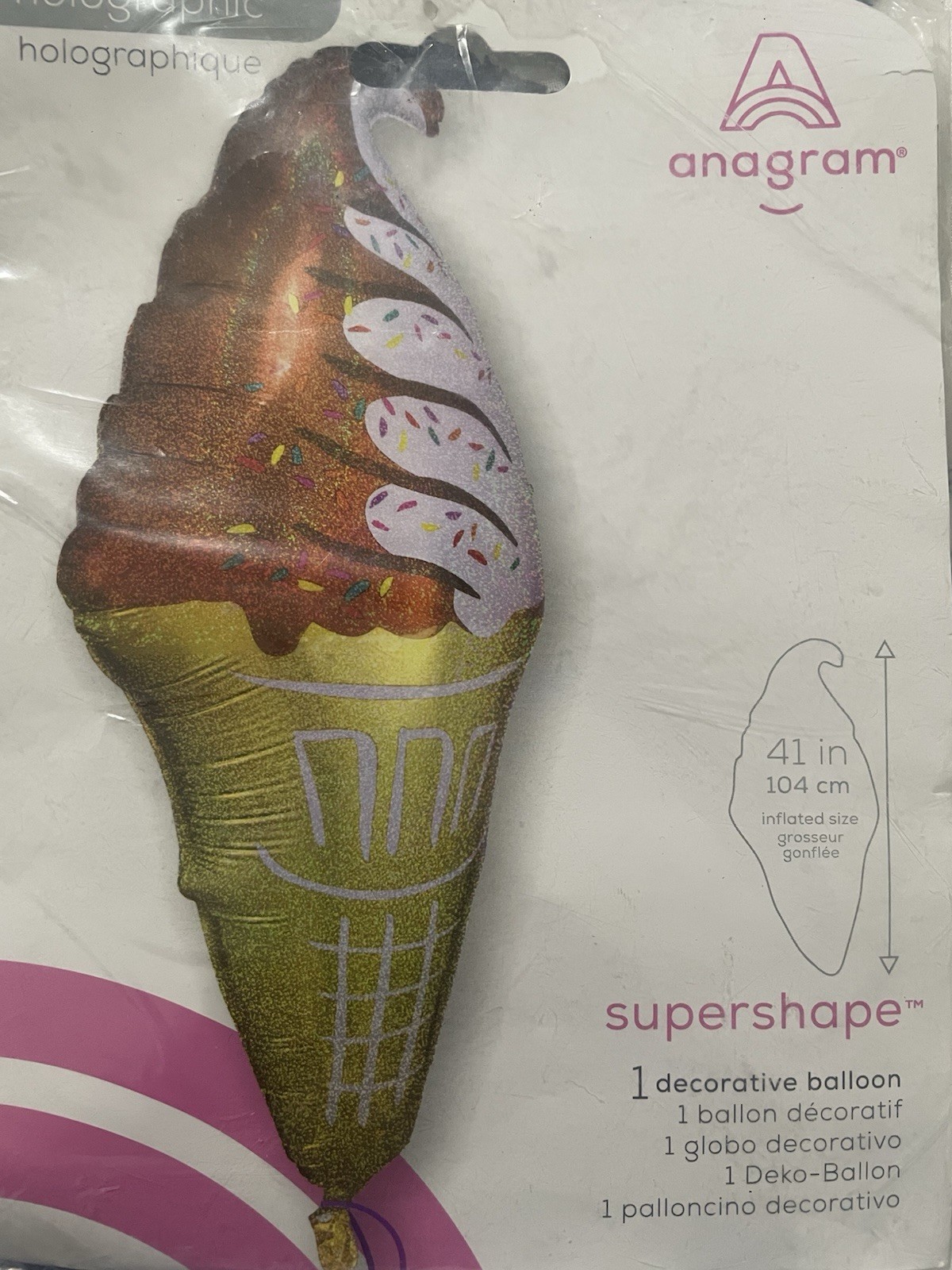 Anagram Mylar Balloon 41” Ice cream Cone Chocolate Vanilla Sprinkles Party