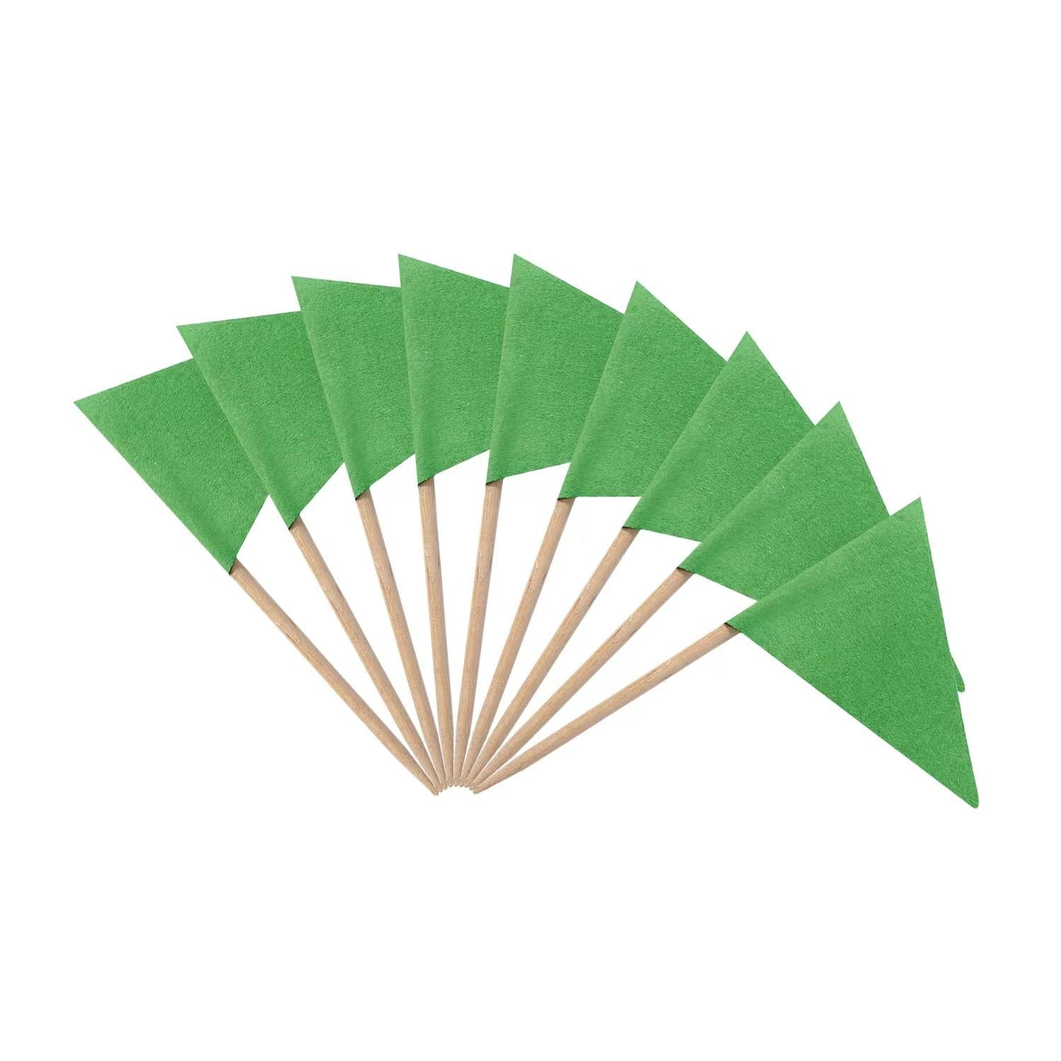 100 Pcs Solid Green Toothpick Flags Small Mini Plain Green Color Triangle Stick