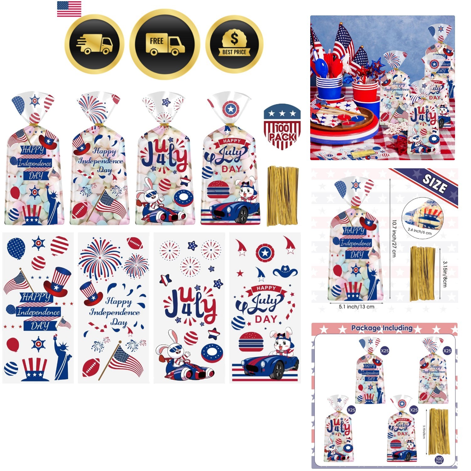 100 Pcs 4th of July Treat Bags – Happy Patriotic Day Plastic Cellophane Bag, …