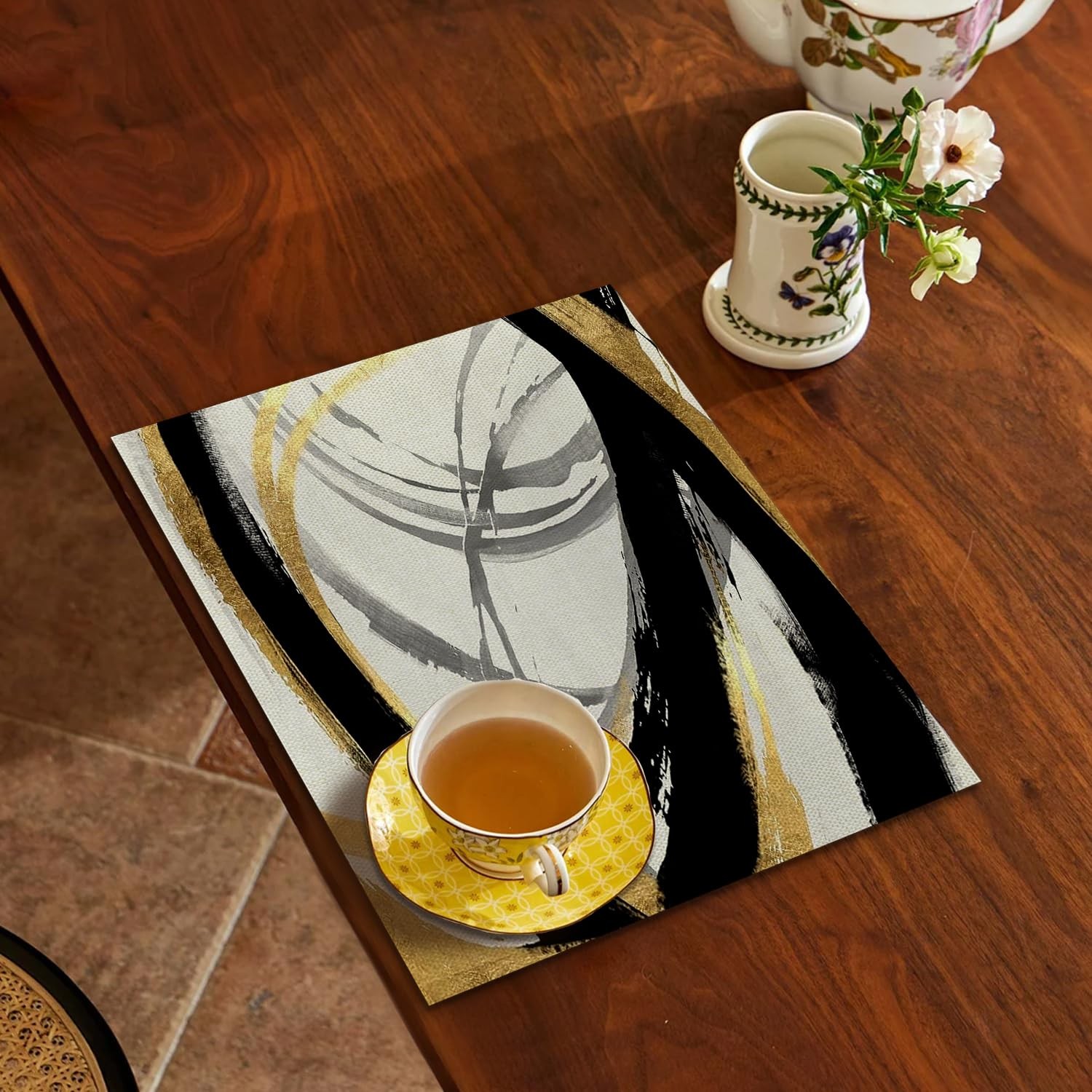 Abstract Black White and Gold Placemats Set of 4, Modern Contemporary Placemats