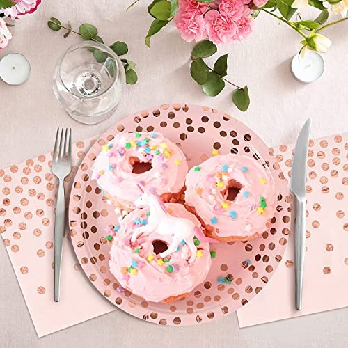 Pink and Rose Gold Paper Plates-50 Pack- 25 * 7inch Modern-50PCS Pink Rose Gold