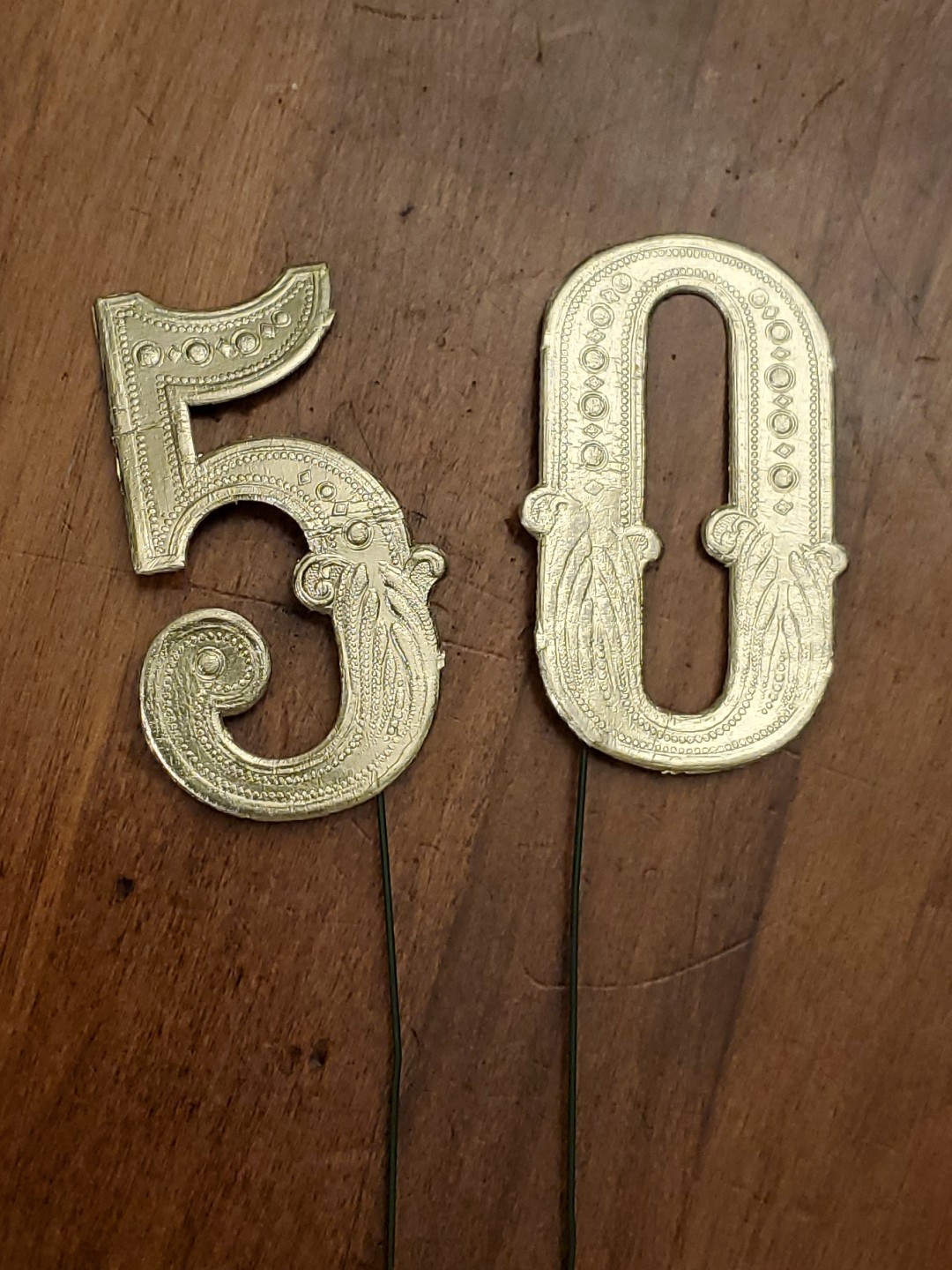 Antique Dresden Die Cut Gold Embossed Foil 50th Floral/Cake Pick Western Germany
