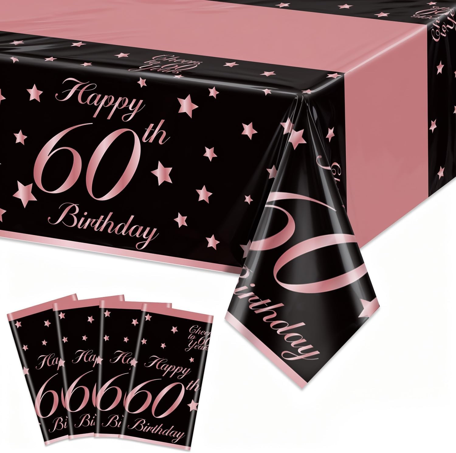4 Pack 60th Birthday Tablecloths Plastic Disposable Rose and Gold Rectangle