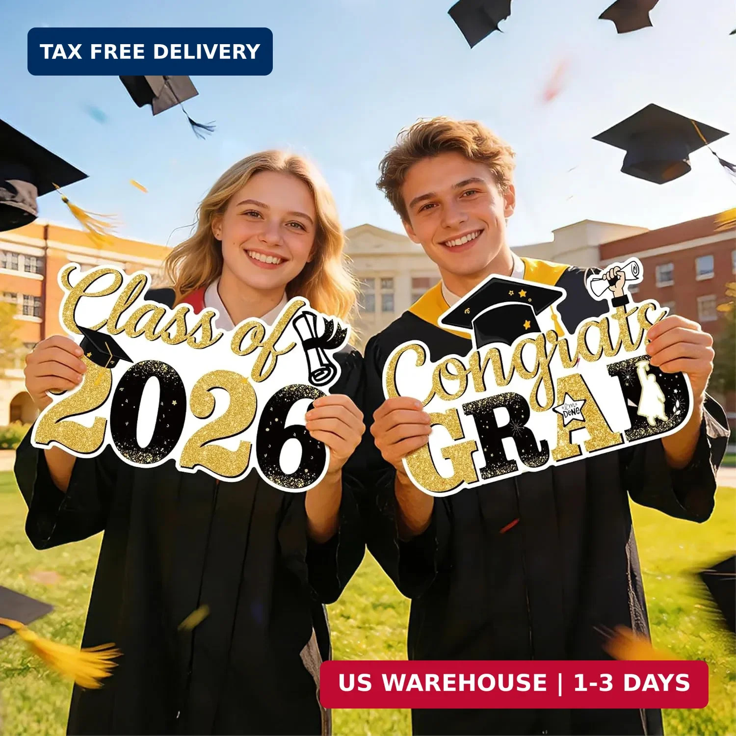 Graduation Yard Signs Class of 2026, 2 PCS Black and Gold 2026 Graduation Decora