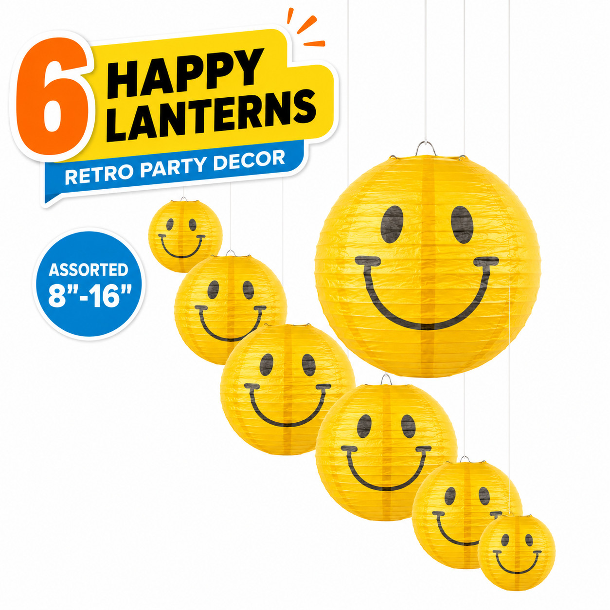 Yellow Smile Happy Face Paper Lanterns 6 Pc 8-16 In Retro Party Hanging Decor