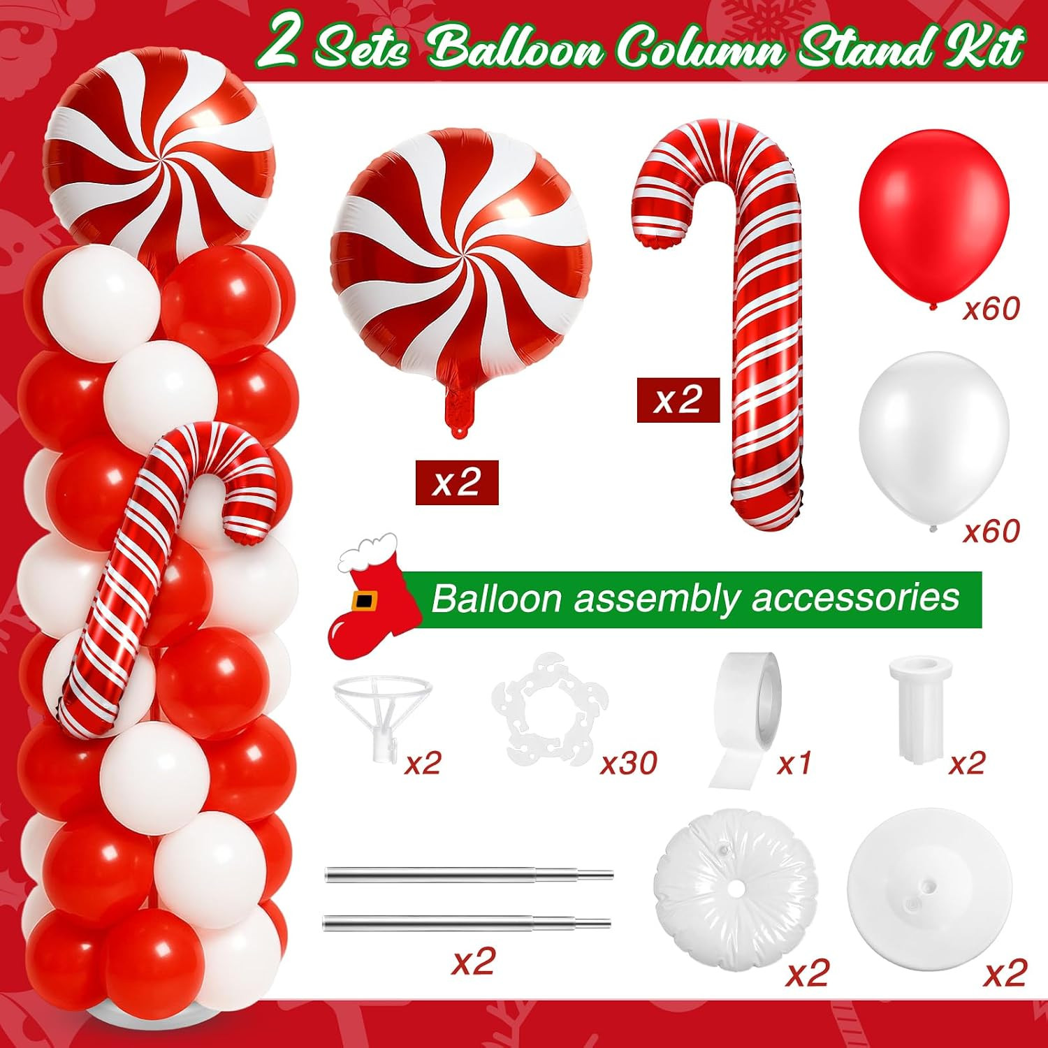 Kinlop 2 Sets Christmas Balloon Column Stand Kit with Candy and Candy Cane Foil